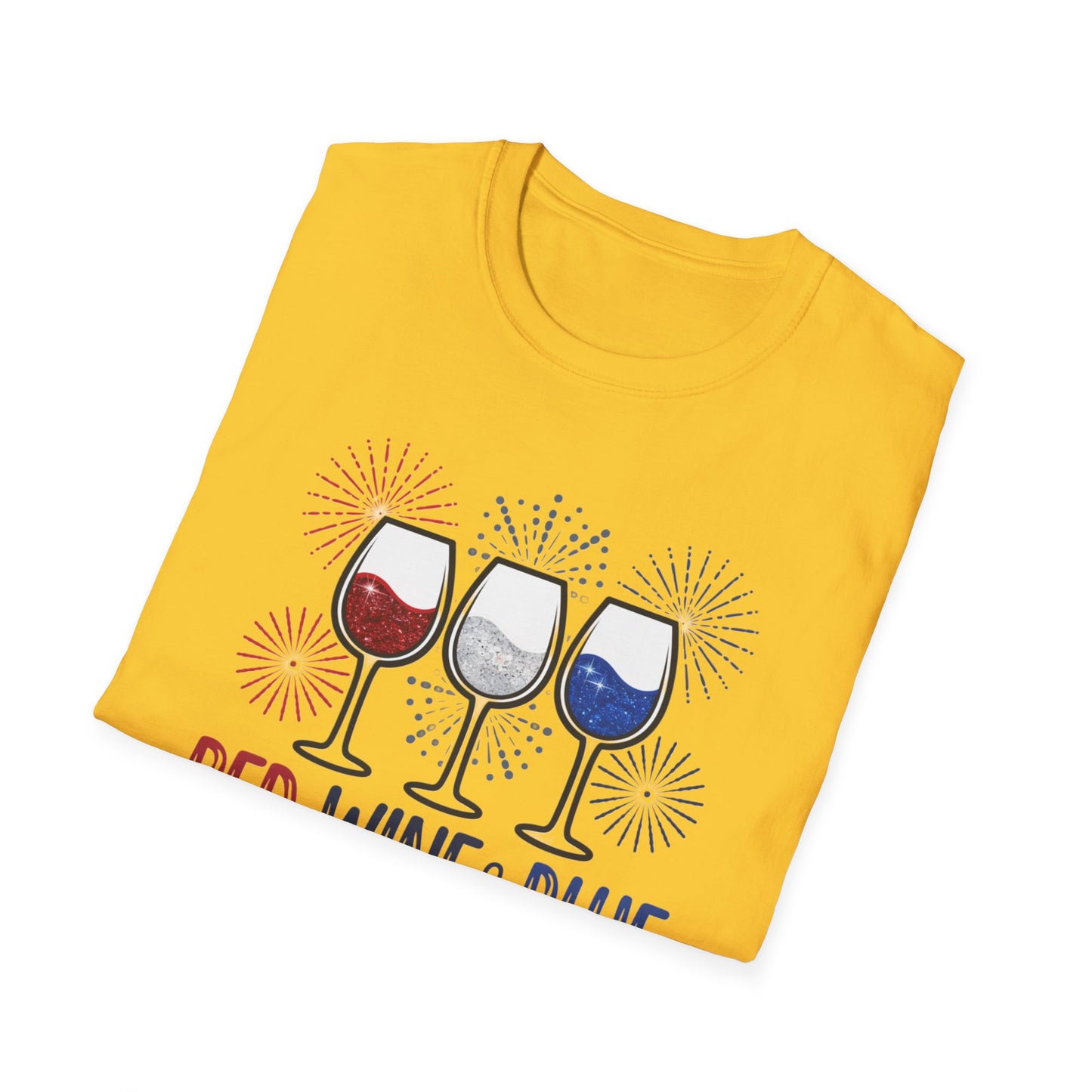 Red, Wine & Blue Unisex Softstyle T-Shirt, Summer BBQ, Fourth of July, Wine Lovers Gift, Patriotic Outfit, Casual Wear