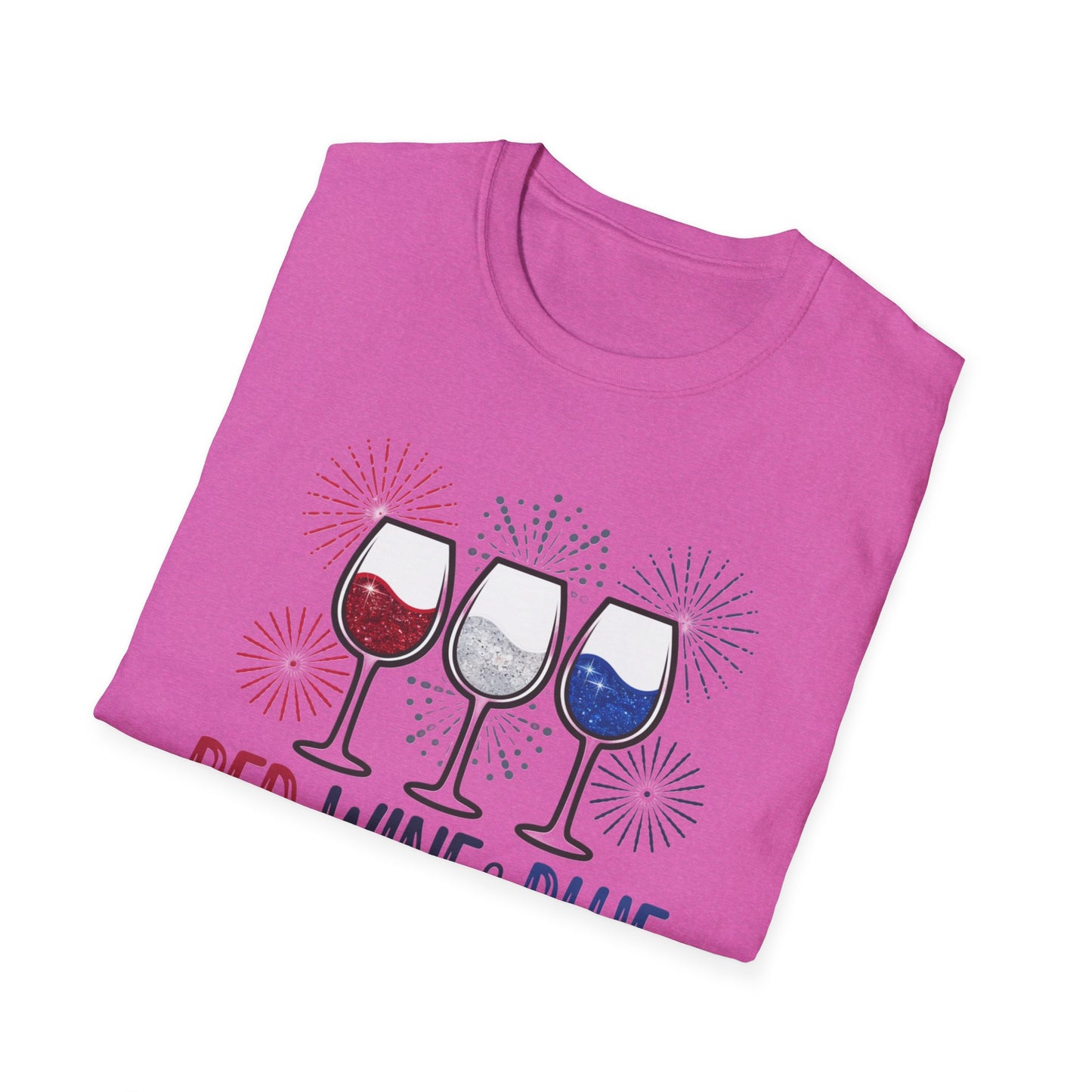 Red, Wine & Blue Unisex Softstyle T-Shirt, Summer BBQ, Fourth of July, Wine Lovers Gift, Patriotic Outfit, Casual Wear