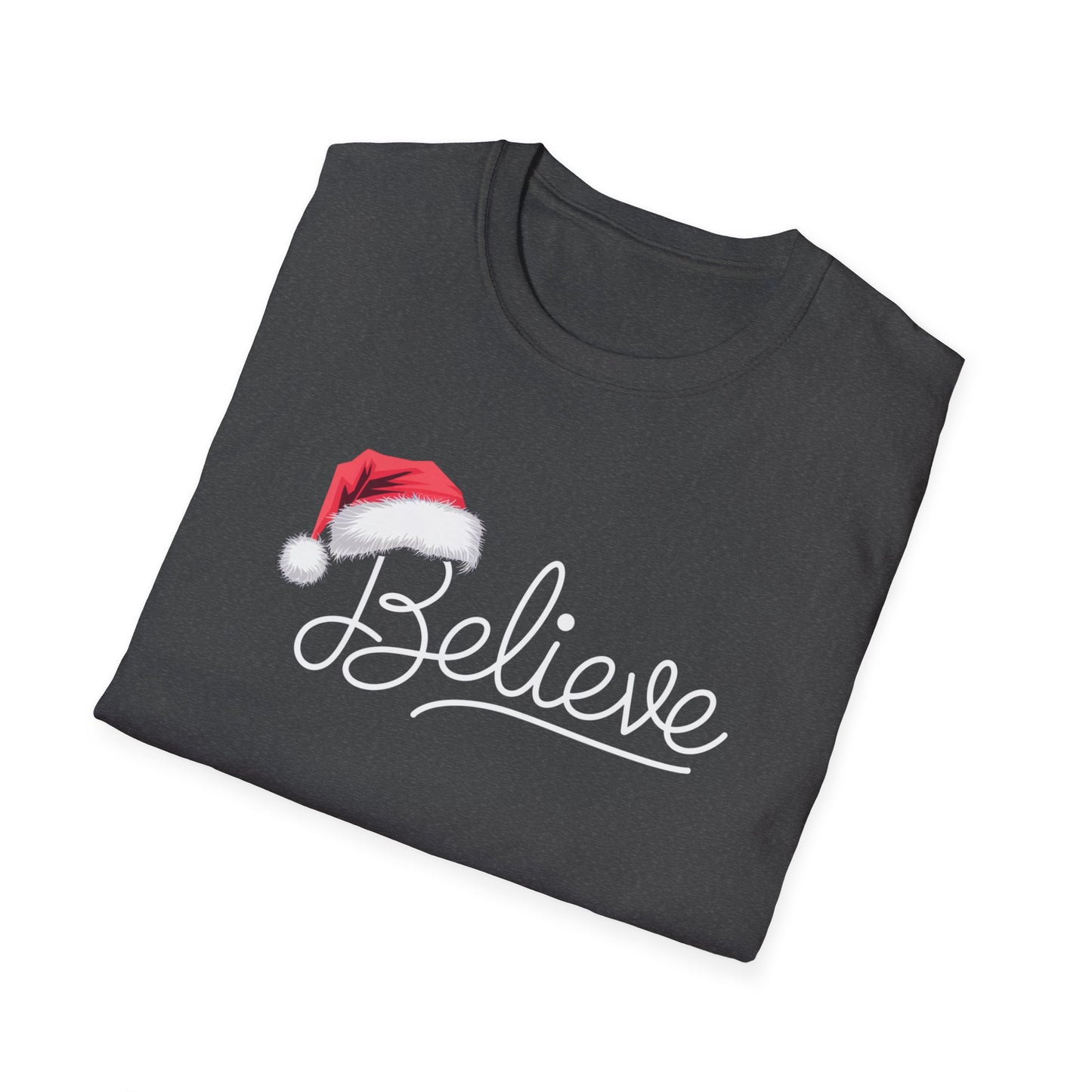 Believe Holiday T-Shirt, Unisex Christmas Tee, Santa Hat Apparel, Festive Graphic Tee, Gift for Him/Her, Holiday Celebrations