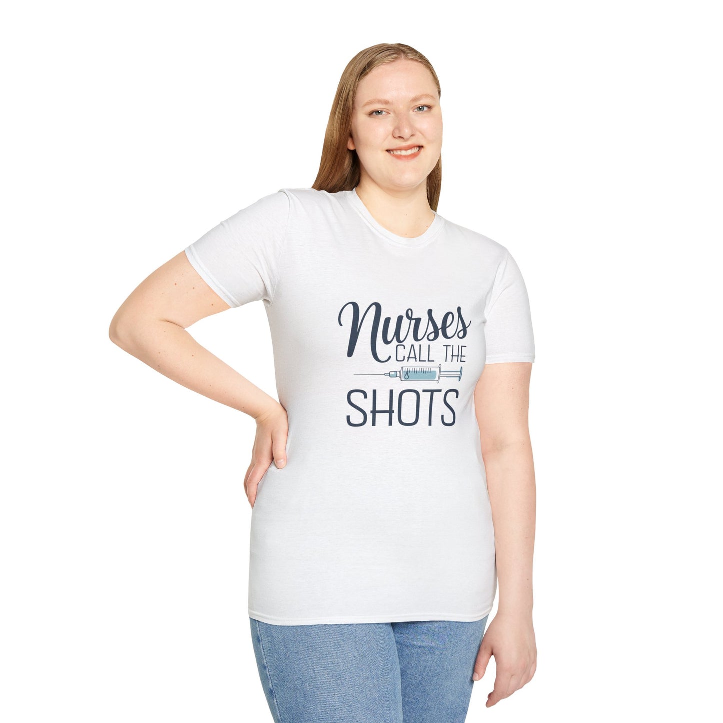 Fun Nurse T-Shirt - "Nurses Call the Shots" - Unisex Softstyle Tee for Healthcare Heroes