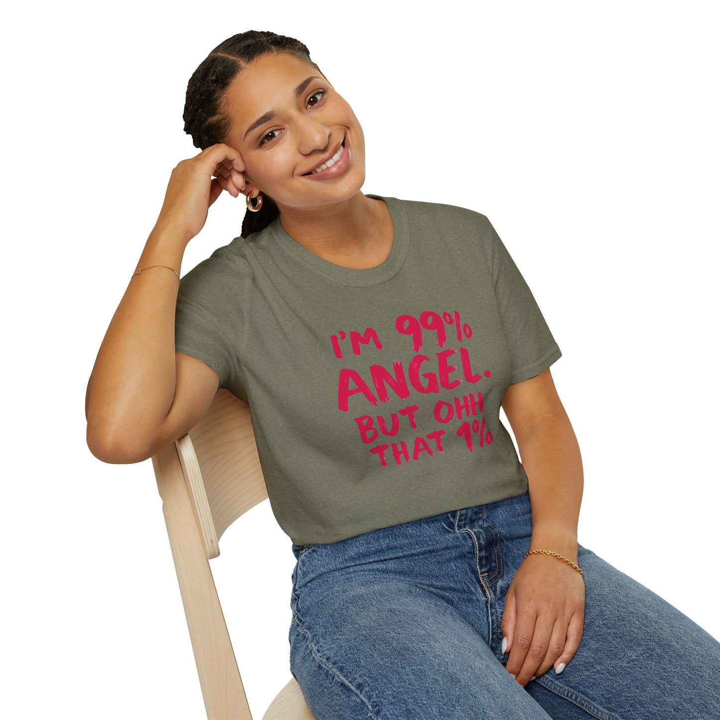 Humorous Graphic Tee, I'm 99% Angel But Ohh That 1%, Funny Gift, Casual Wear, Unique Birthday Shirt, Unisex Softstyle T-Shirt