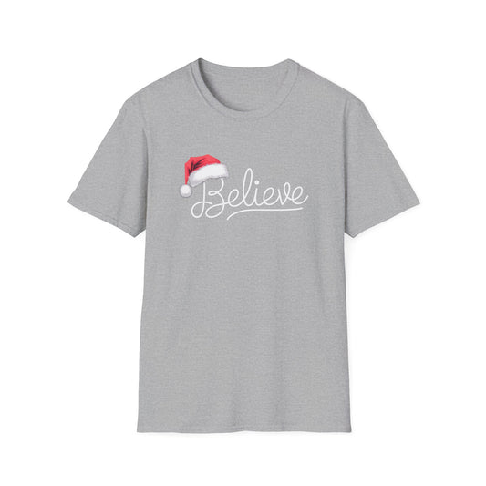 Believe Holiday T-Shirt, Unisex Christmas Tee, Santa Hat Apparel, Festive Graphic Tee, Gift for Him/Her, Holiday Celebrations