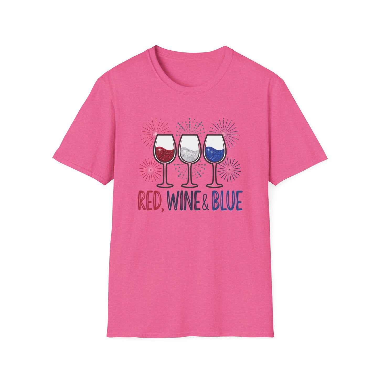 Red, Wine & Blue Unisex Softstyle T-Shirt, Summer BBQ, Fourth of July, Wine Lovers Gift, Patriotic Outfit, Casual Wear