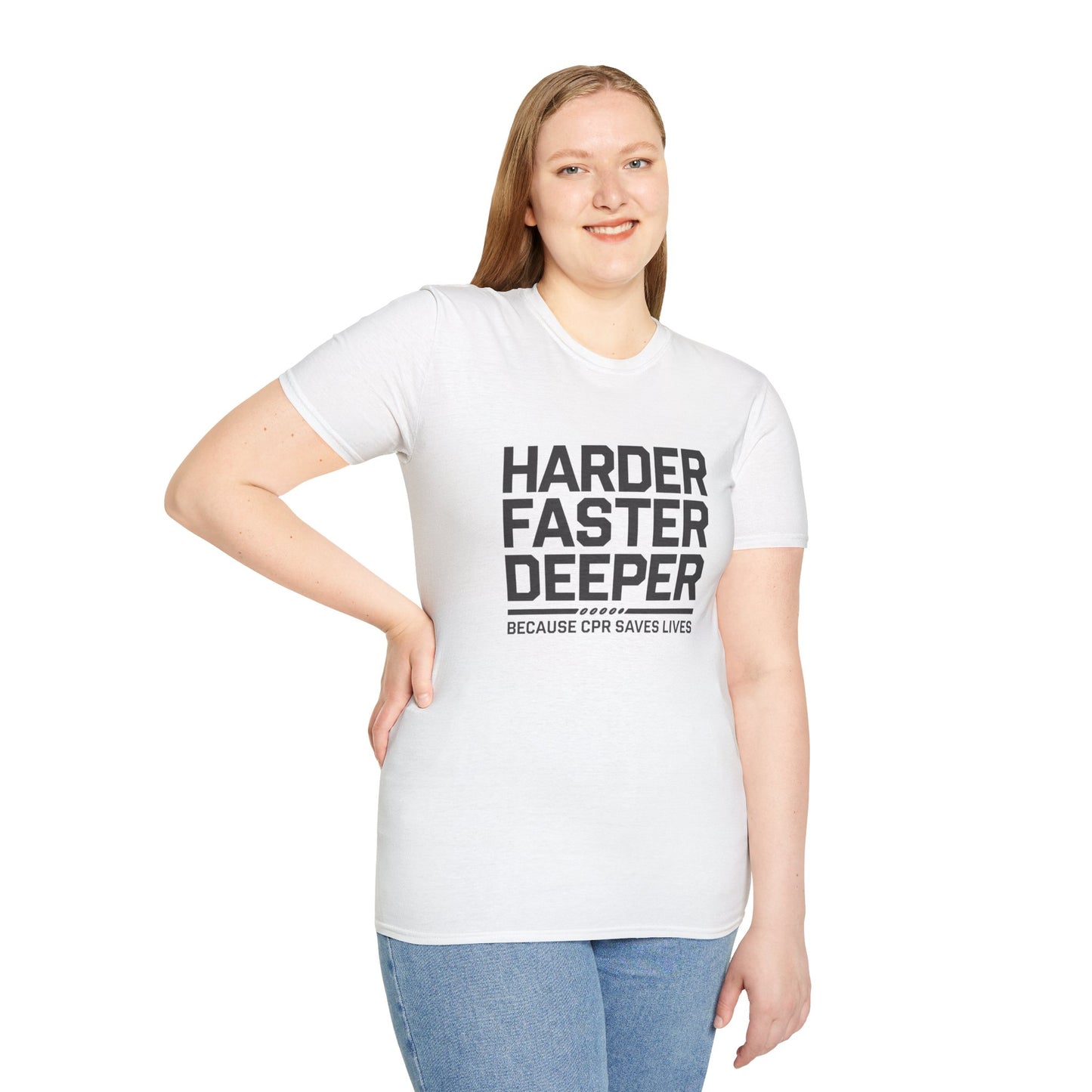 CPR Awareness Unisex Softstyle T-Shirt - Harder Faster Deeper