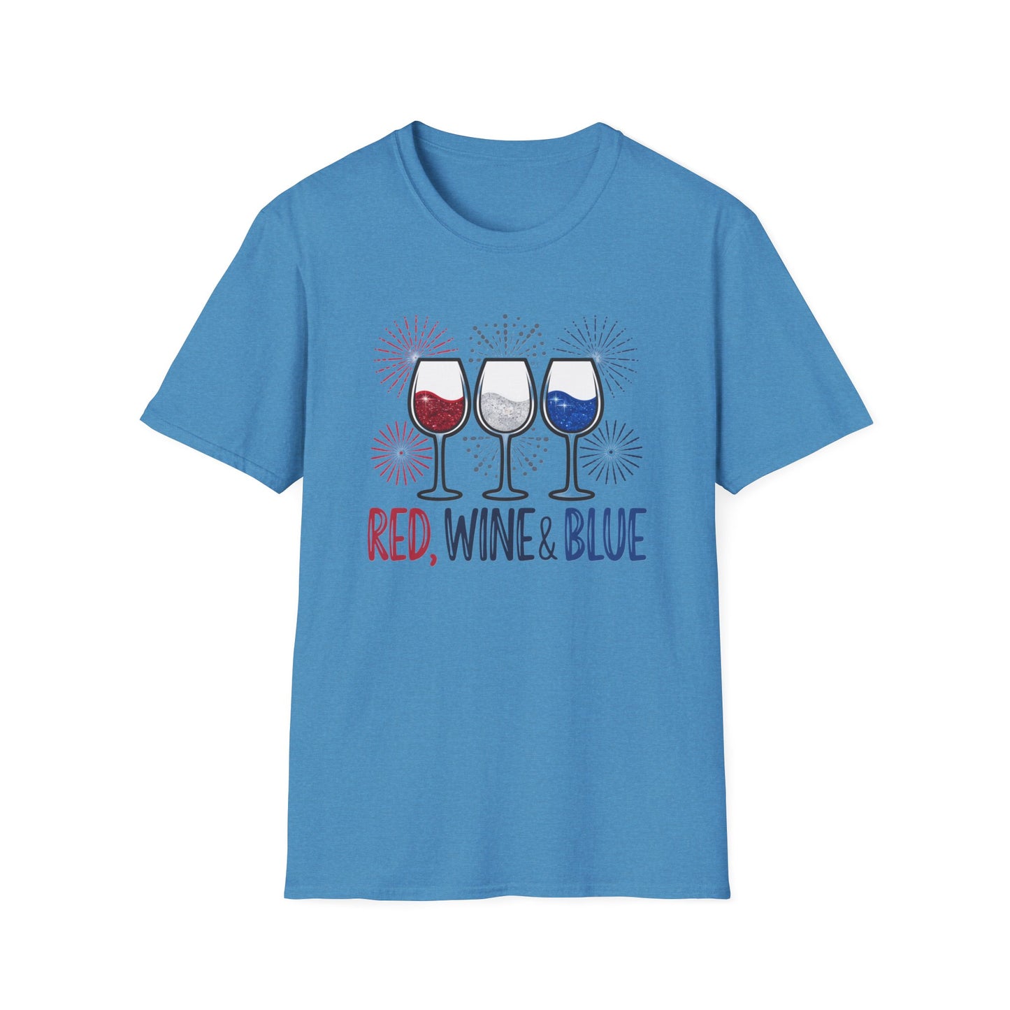 Red, Wine & Blue Unisex Softstyle T-Shirt, Summer BBQ, Fourth of July, Wine Lovers Gift, Patriotic Outfit, Casual Wear