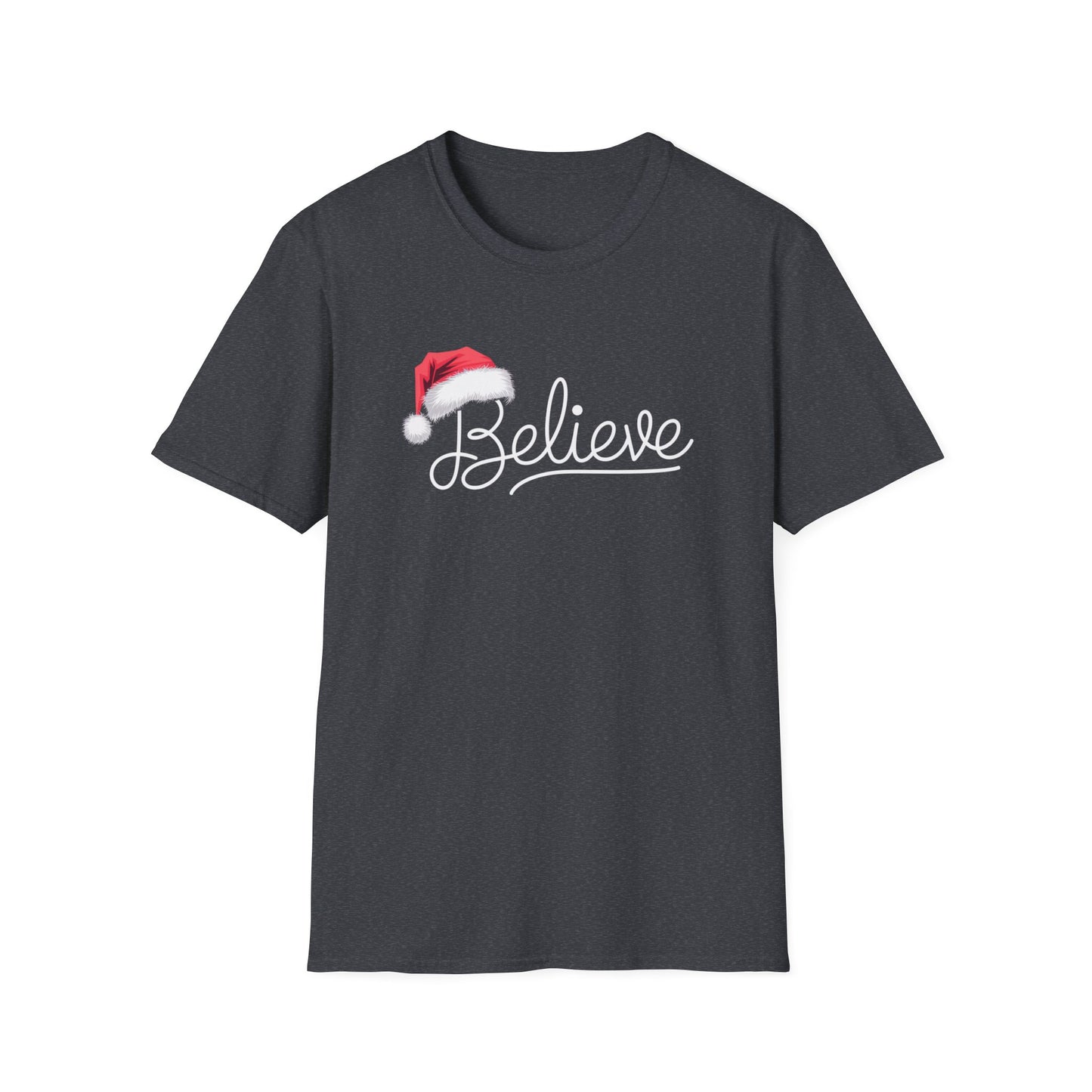Believe Holiday T-Shirt, Unisex Christmas Tee, Santa Hat Apparel, Festive Graphic Tee, Gift for Him/Her, Holiday Celebrations
