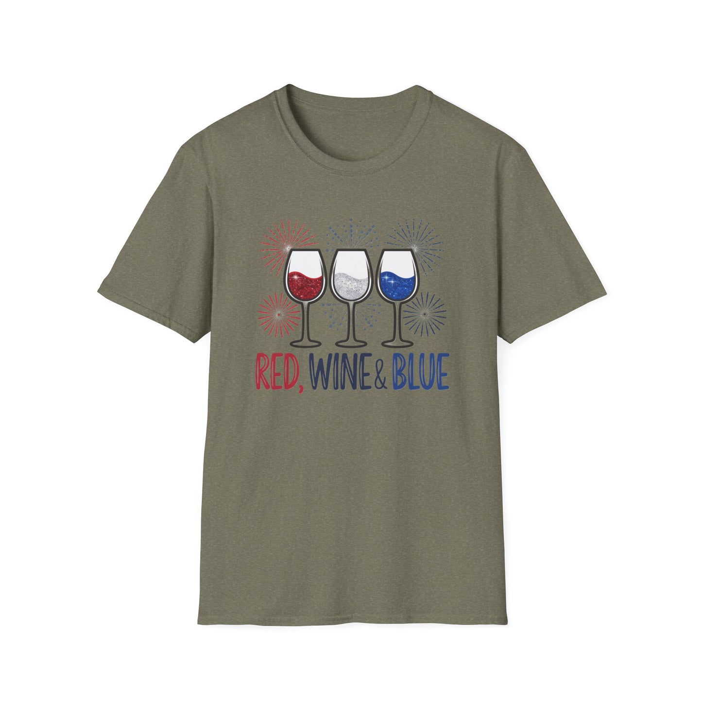 Red, Wine & Blue Unisex Softstyle T-Shirt, Summer BBQ, Fourth of July, Wine Lovers Gift, Patriotic Outfit, Casual Wear