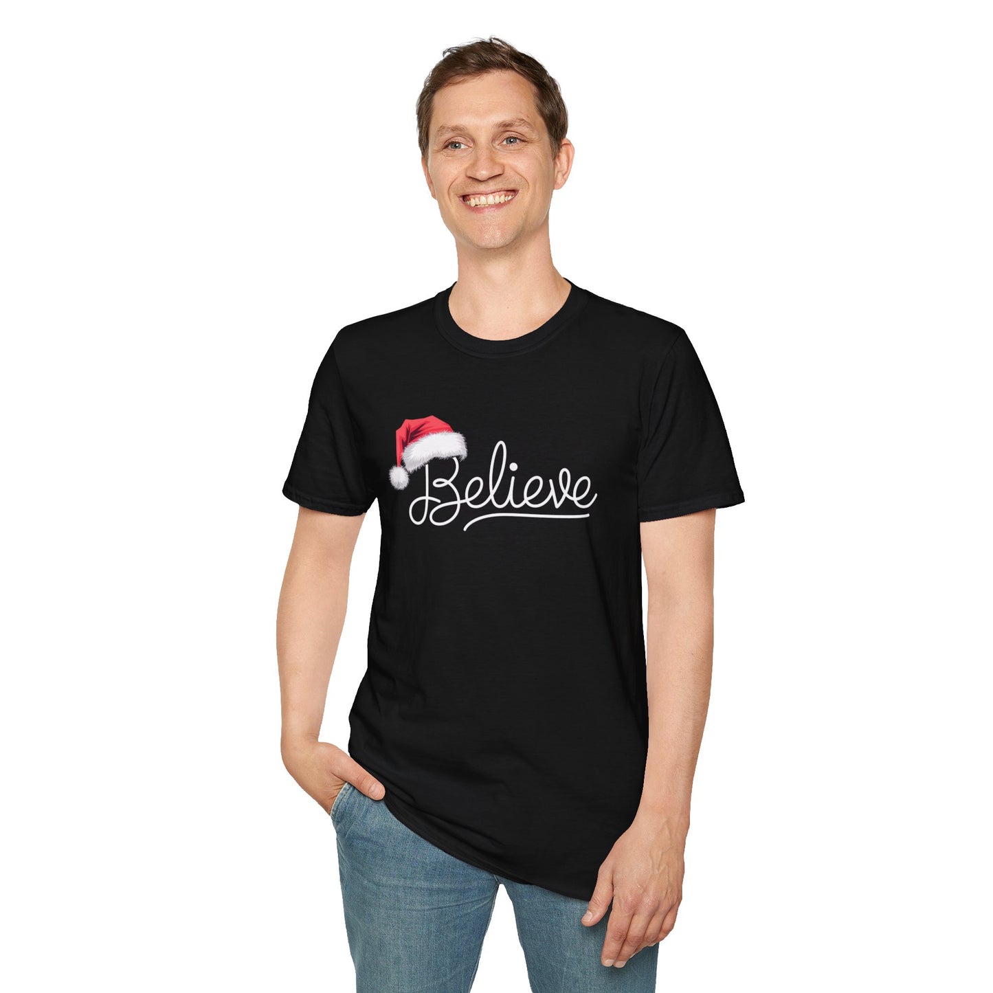 Believe Holiday T-Shirt, Unisex Christmas Tee, Santa Hat Apparel, Festive Graphic Tee, Gift for Him/Her, Holiday Celebrations