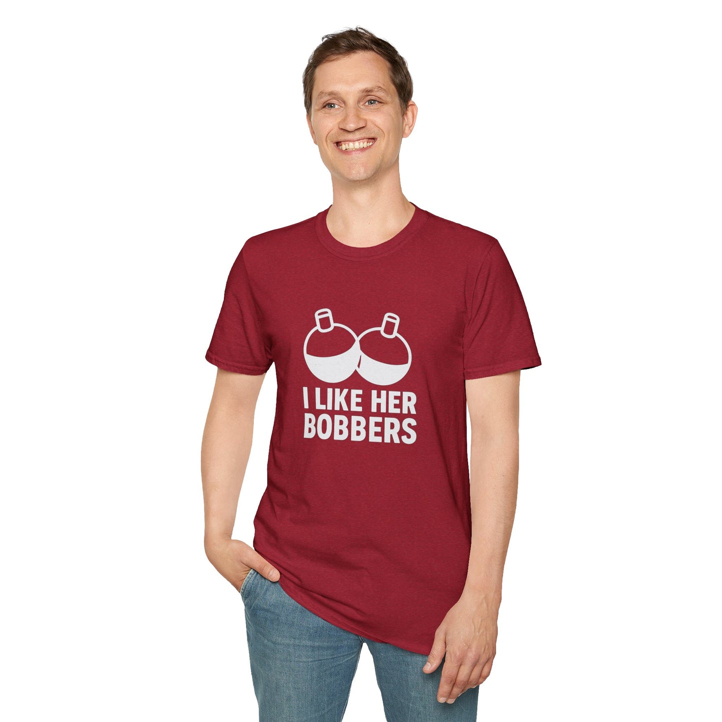 I Like Her Bobbers Unisex Softstyle T-Shirt - Fun Casual Wear for Fishing Enthusiasts