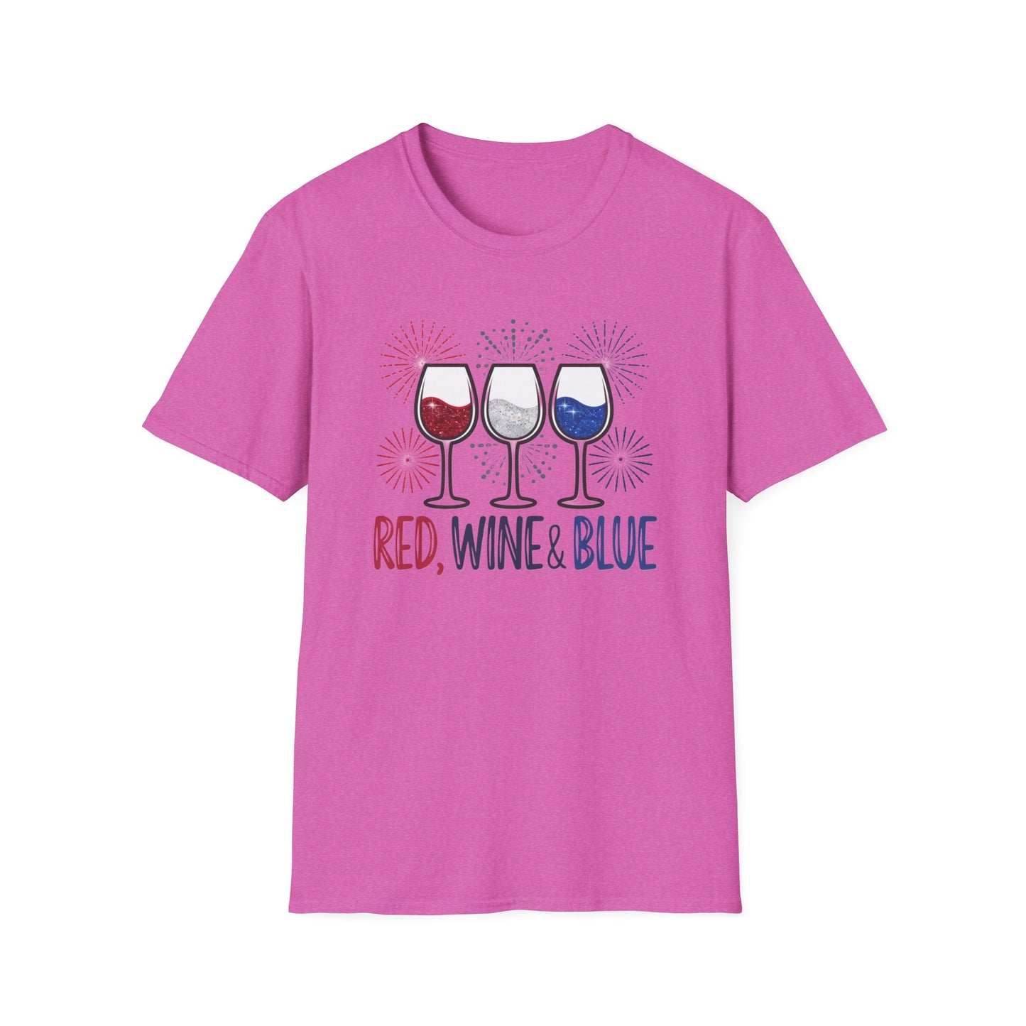 Red, Wine & Blue Unisex Softstyle T-Shirt, Summer BBQ, Fourth of July, Wine Lovers Gift, Patriotic Outfit, Casual Wear
