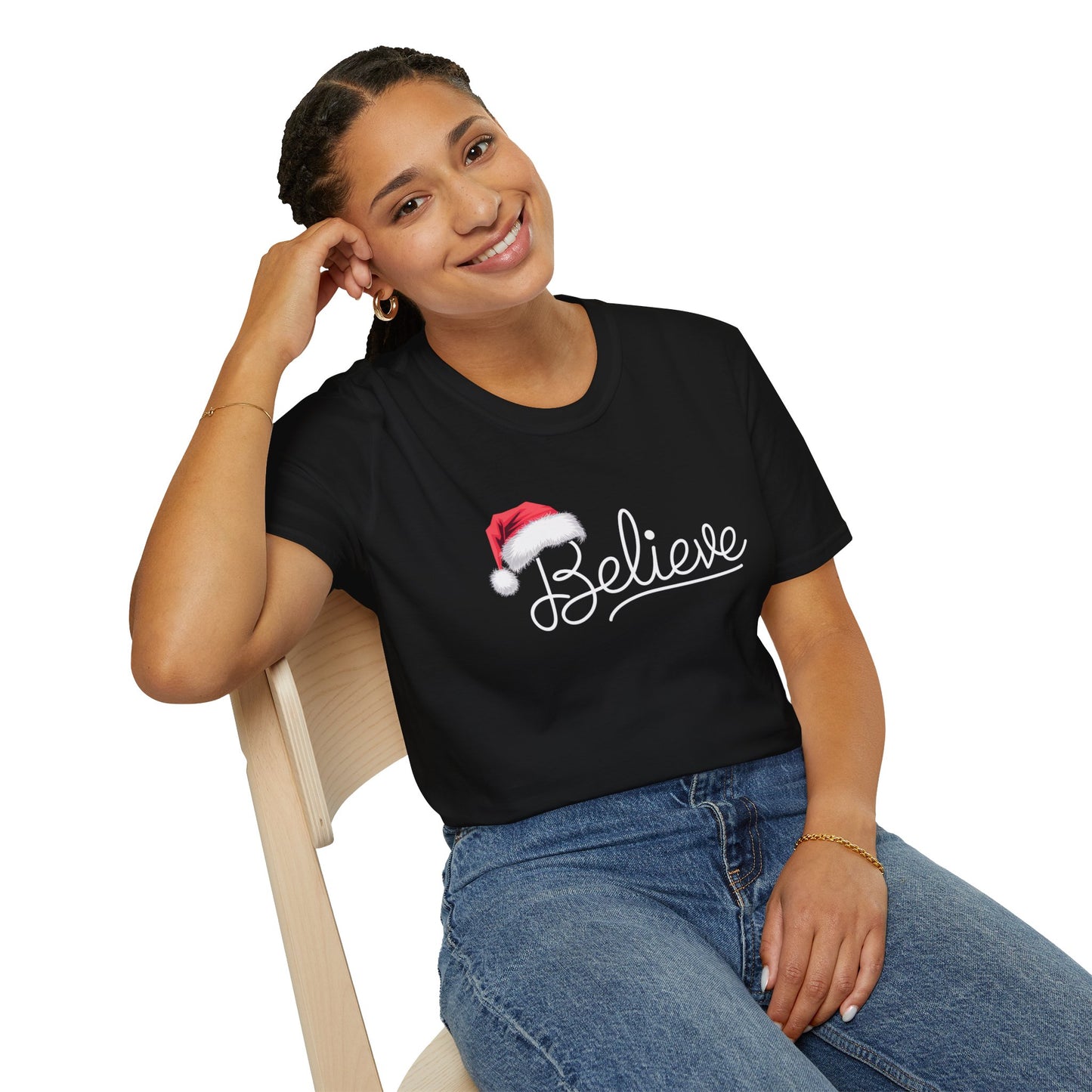 Believe Holiday T-Shirt, Unisex Christmas Tee, Santa Hat Apparel, Festive Graphic Tee, Gift for Him/Her, Holiday Celebrations