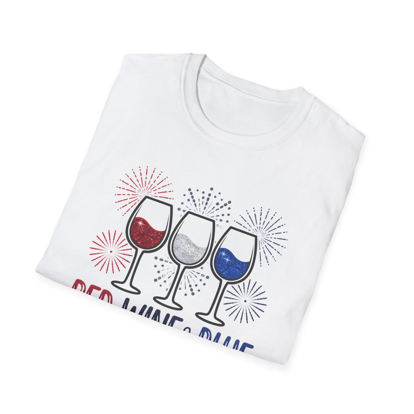 Red, Wine & Blue Unisex Softstyle T-Shirt, Summer BBQ, Fourth of July, Wine Lovers Gift, Patriotic Outfit, Casual Wear