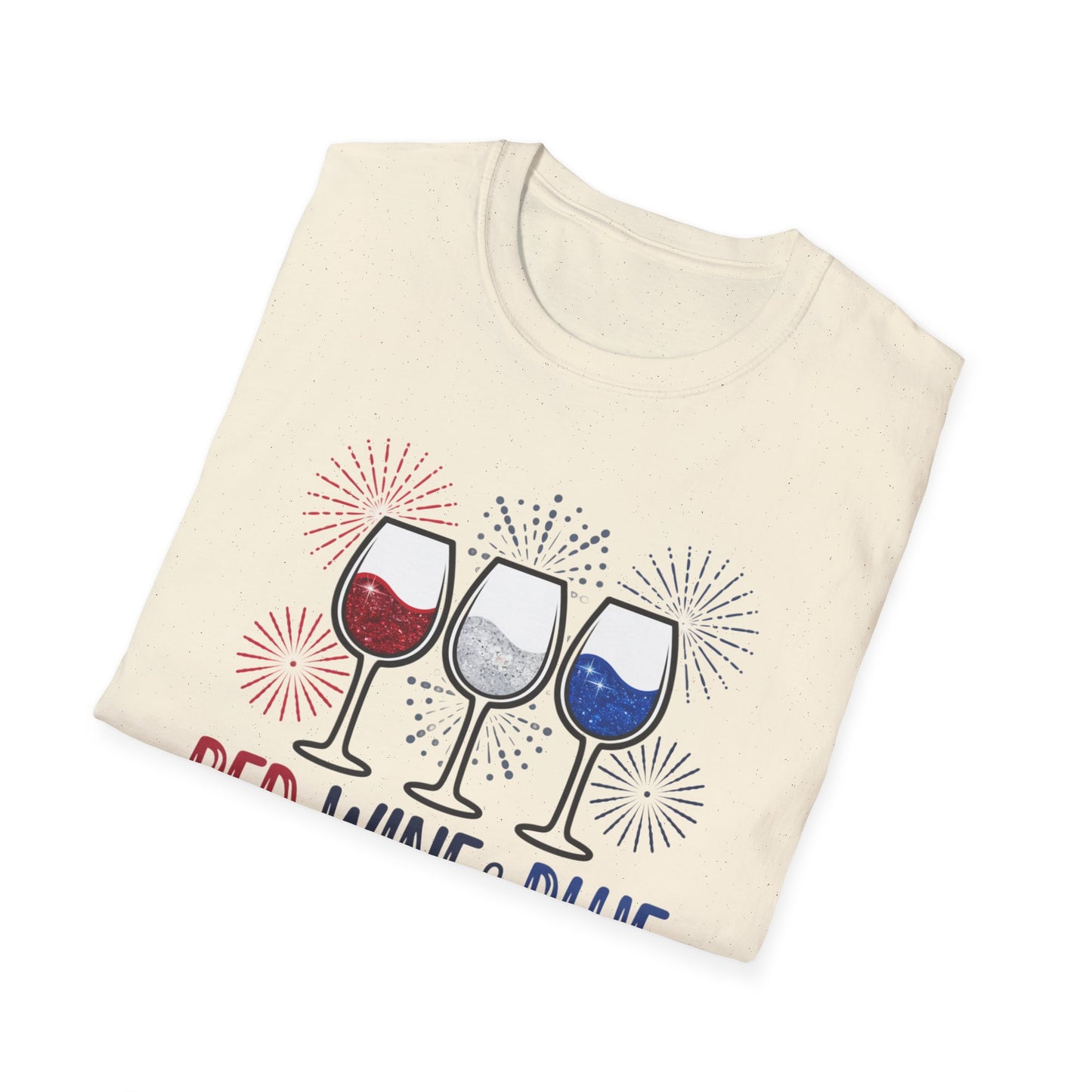 Red, Wine & Blue Unisex Softstyle T-Shirt, Summer BBQ, Fourth of July, Wine Lovers Gift, Patriotic Outfit, Casual Wear