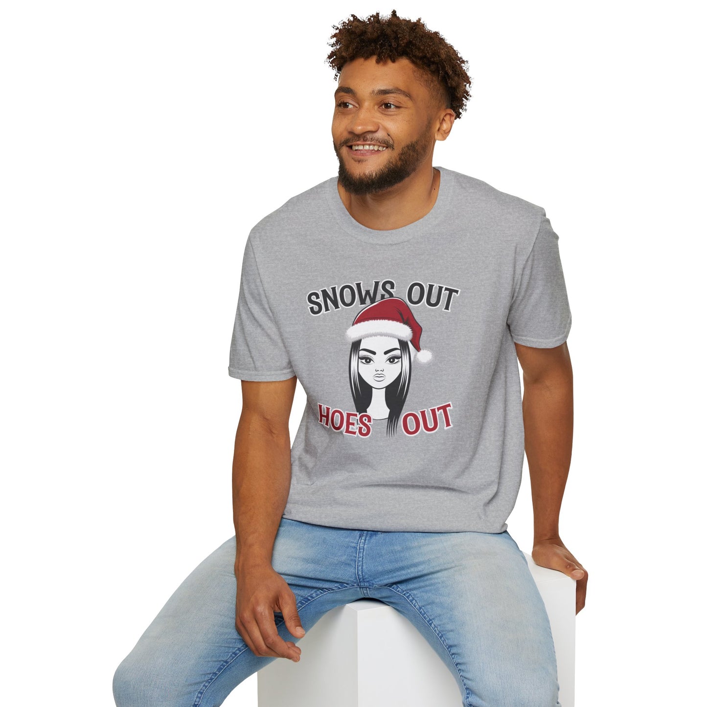 Unisex Holiday T-Shirt - "Snows Out, Hoes Out" - Funny Christmas Top, Winter Party Apparel, Gift for Friends, Casual Wear