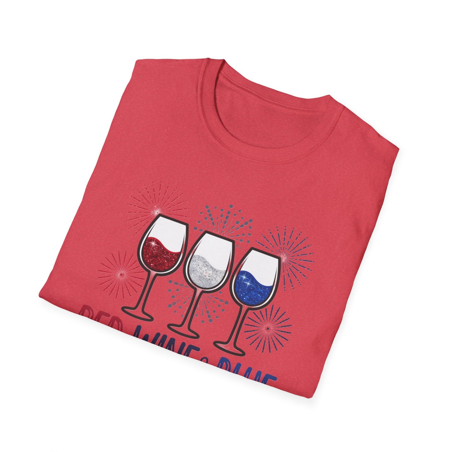Red, Wine & Blue Unisex Softstyle T-Shirt, Summer BBQ, Fourth of July, Wine Lovers Gift, Patriotic Outfit, Casual Wear