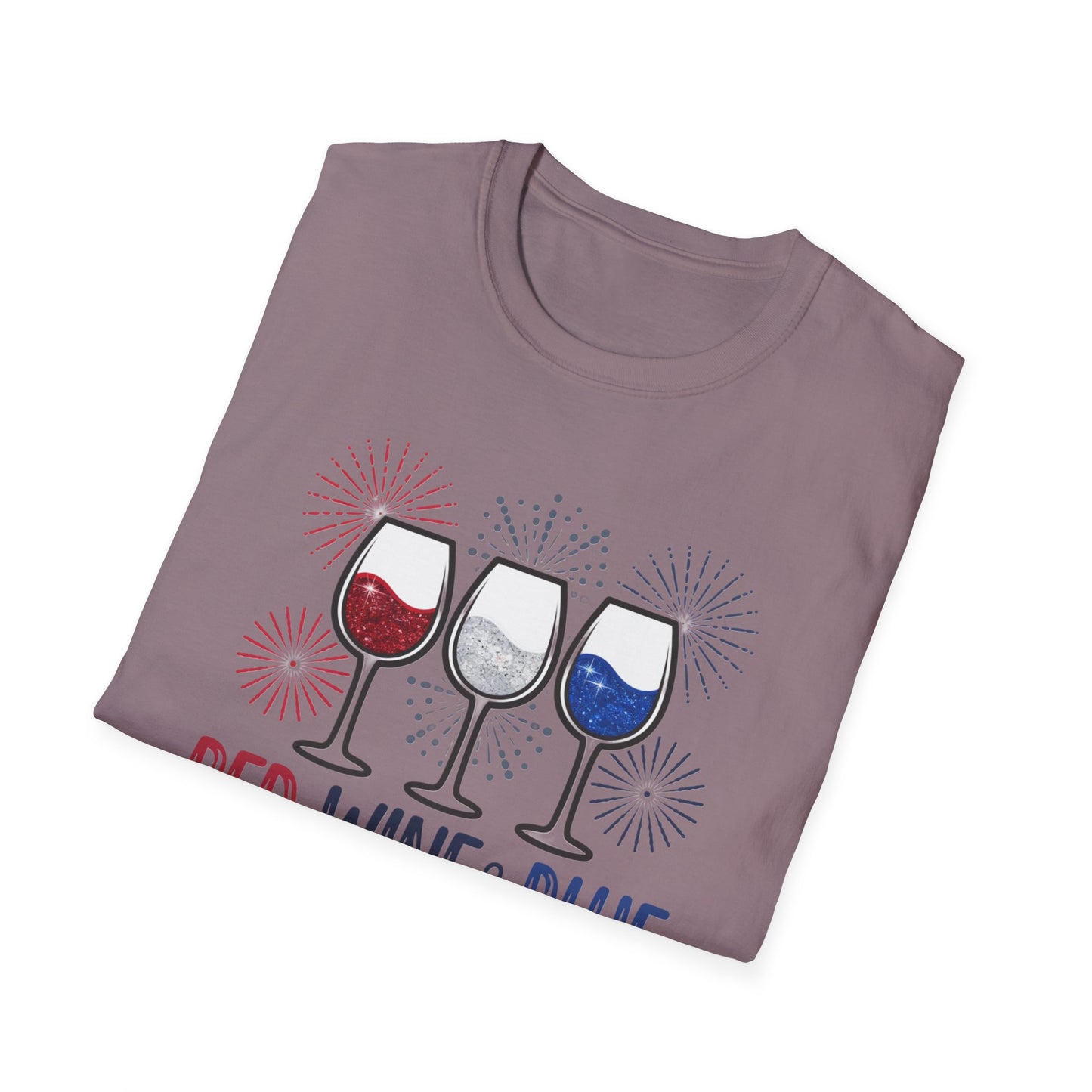 Red, Wine & Blue Unisex Softstyle T-Shirt, Summer BBQ, Fourth of July, Wine Lovers Gift, Patriotic Outfit, Casual Wear