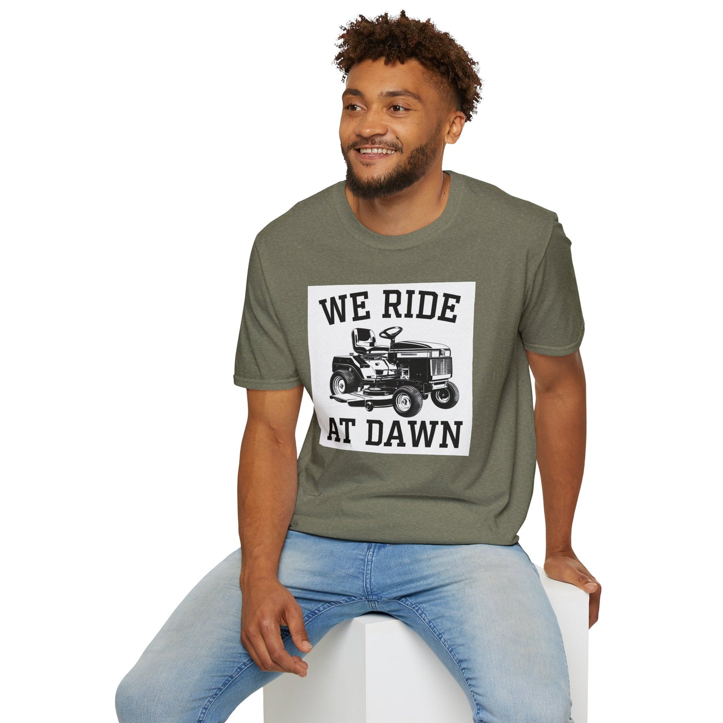 We Ride at Dawn Unisex Softstyle T-Shirt - Perfect for Lawn Care Enthusiasts