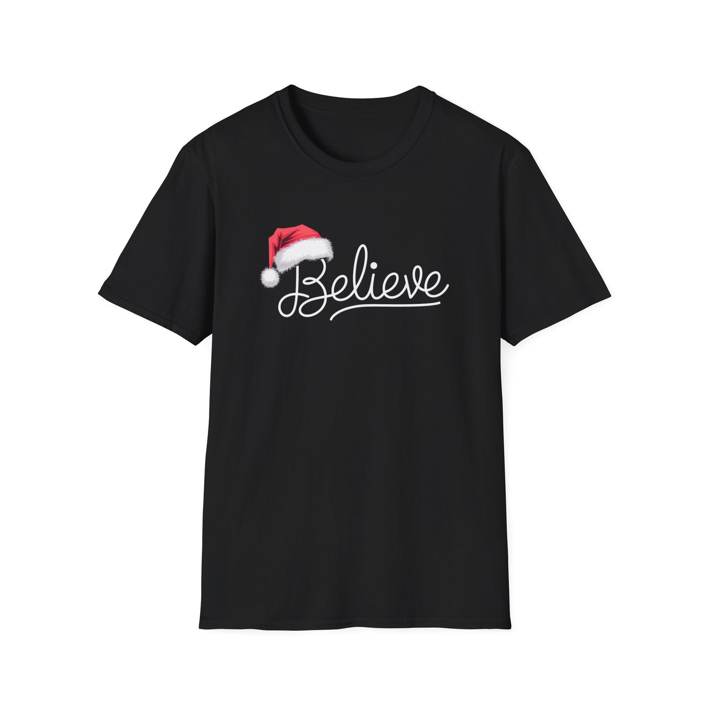 Believe Holiday T-Shirt, Unisex Christmas Tee, Santa Hat Apparel, Festive Graphic Tee, Gift for Him/Her, Holiday Celebrations