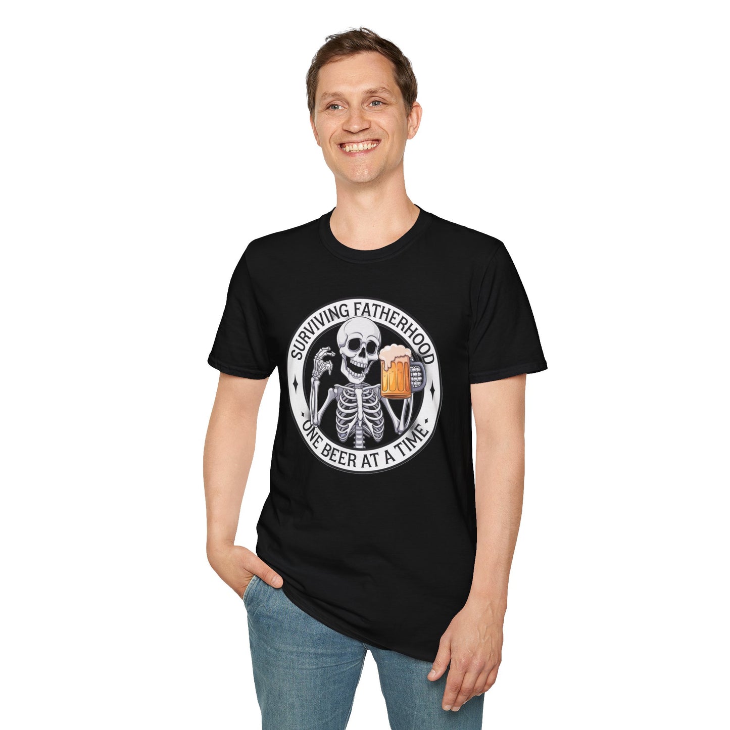 Surviving Fatherhood T-Shirt - Funny Gift for Dads, Halloween, Father's Day, Birthday, Skeleton Design