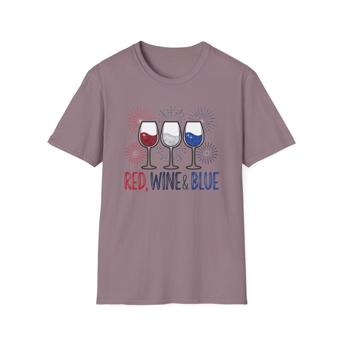 Red, Wine & Blue Unisex Softstyle T-Shirt, Summer BBQ, Fourth of July, Wine Lovers Gift, Patriotic Outfit, Casual Wear