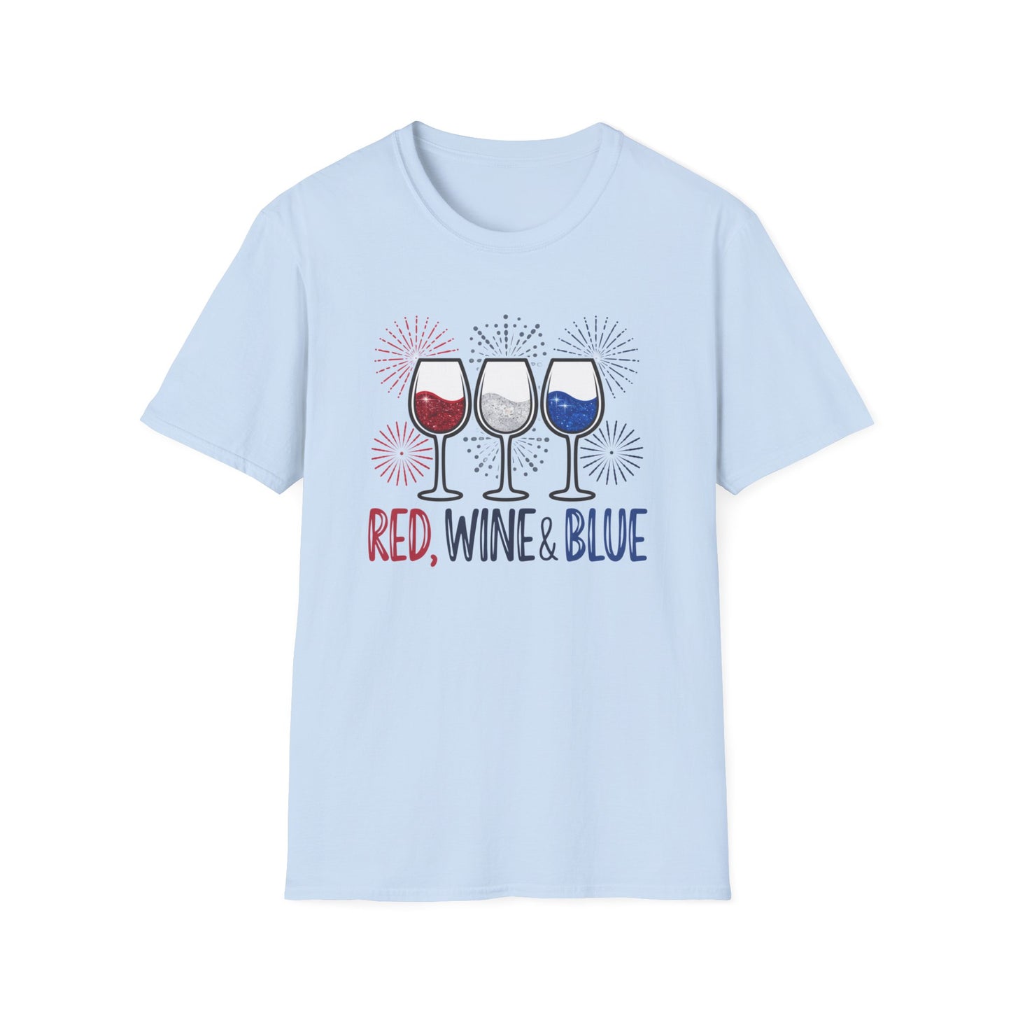 Red, Wine & Blue Unisex Softstyle T-Shirt, Summer BBQ, Fourth of July, Wine Lovers Gift, Patriotic Outfit, Casual Wear