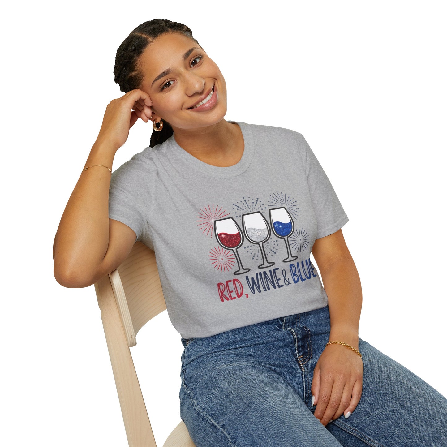 Red, Wine & Blue Unisex Softstyle T-Shirt, Summer BBQ, Fourth of July, Wine Lovers Gift, Patriotic Outfit, Casual Wear