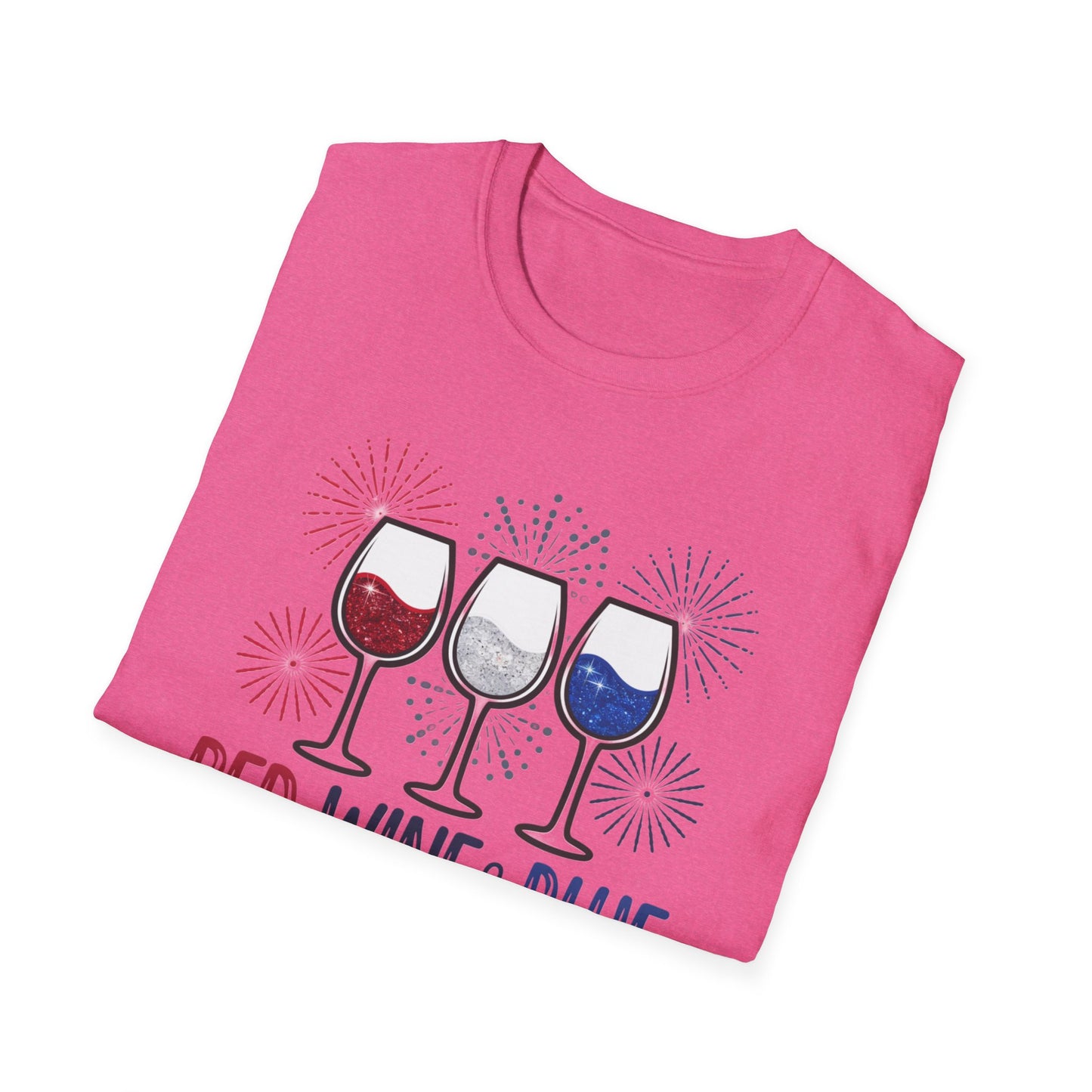 Red, Wine & Blue Unisex Softstyle T-Shirt, Summer BBQ, Fourth of July, Wine Lovers Gift, Patriotic Outfit, Casual Wear