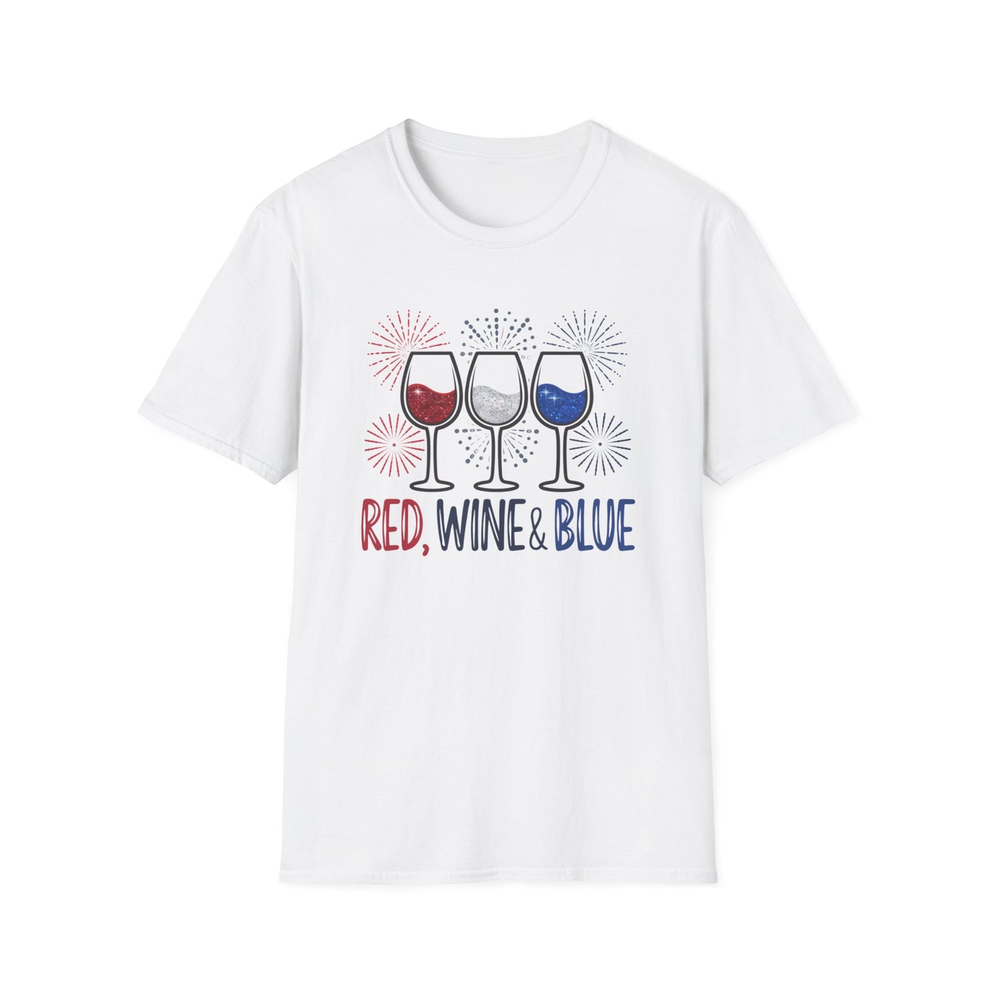 Red, Wine & Blue Unisex Softstyle T-Shirt, Summer BBQ, Fourth of July, Wine Lovers Gift, Patriotic Outfit, Casual Wear