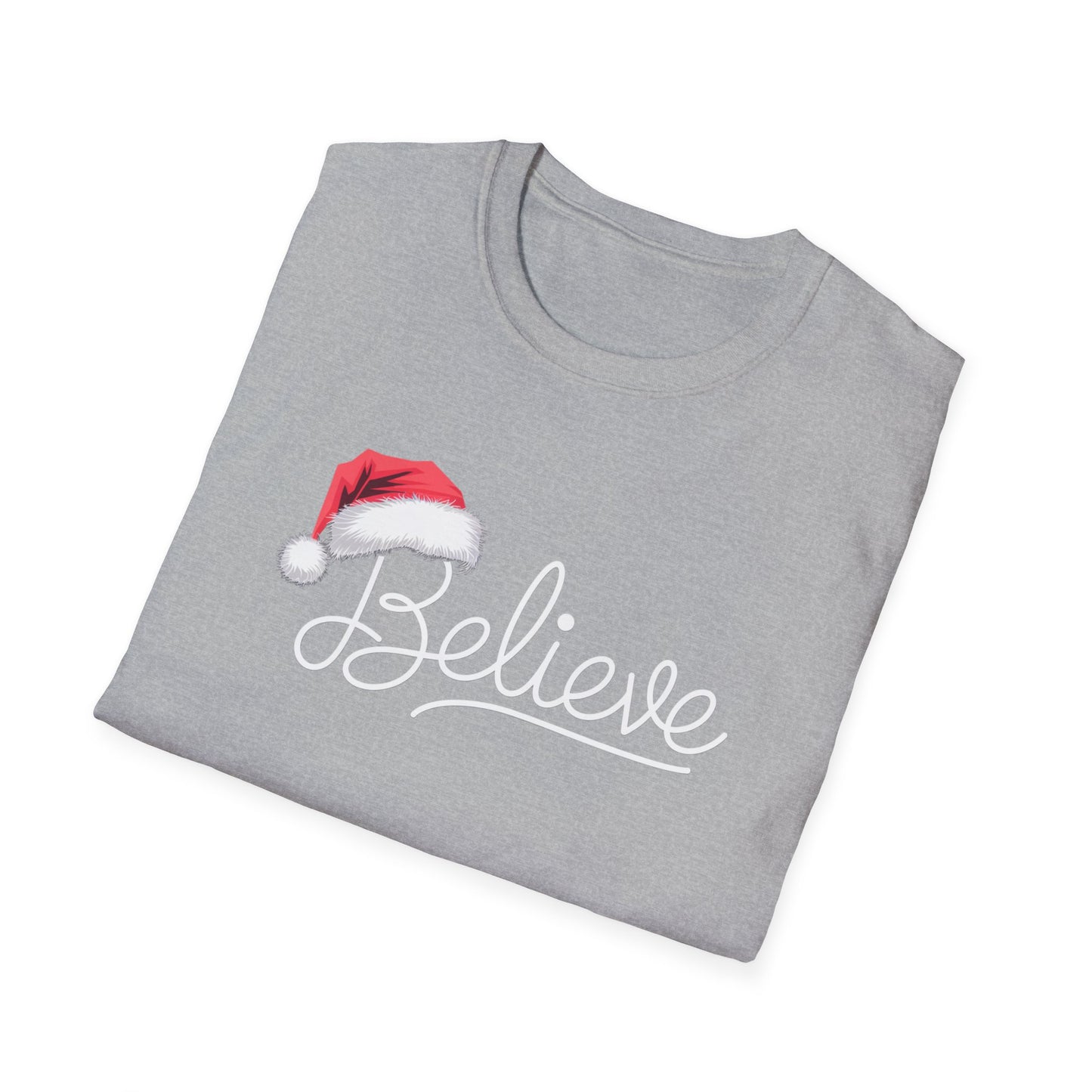Believe Holiday T-Shirt, Unisex Christmas Tee, Santa Hat Apparel, Festive Graphic Tee, Gift for Him/Her, Holiday Celebrations