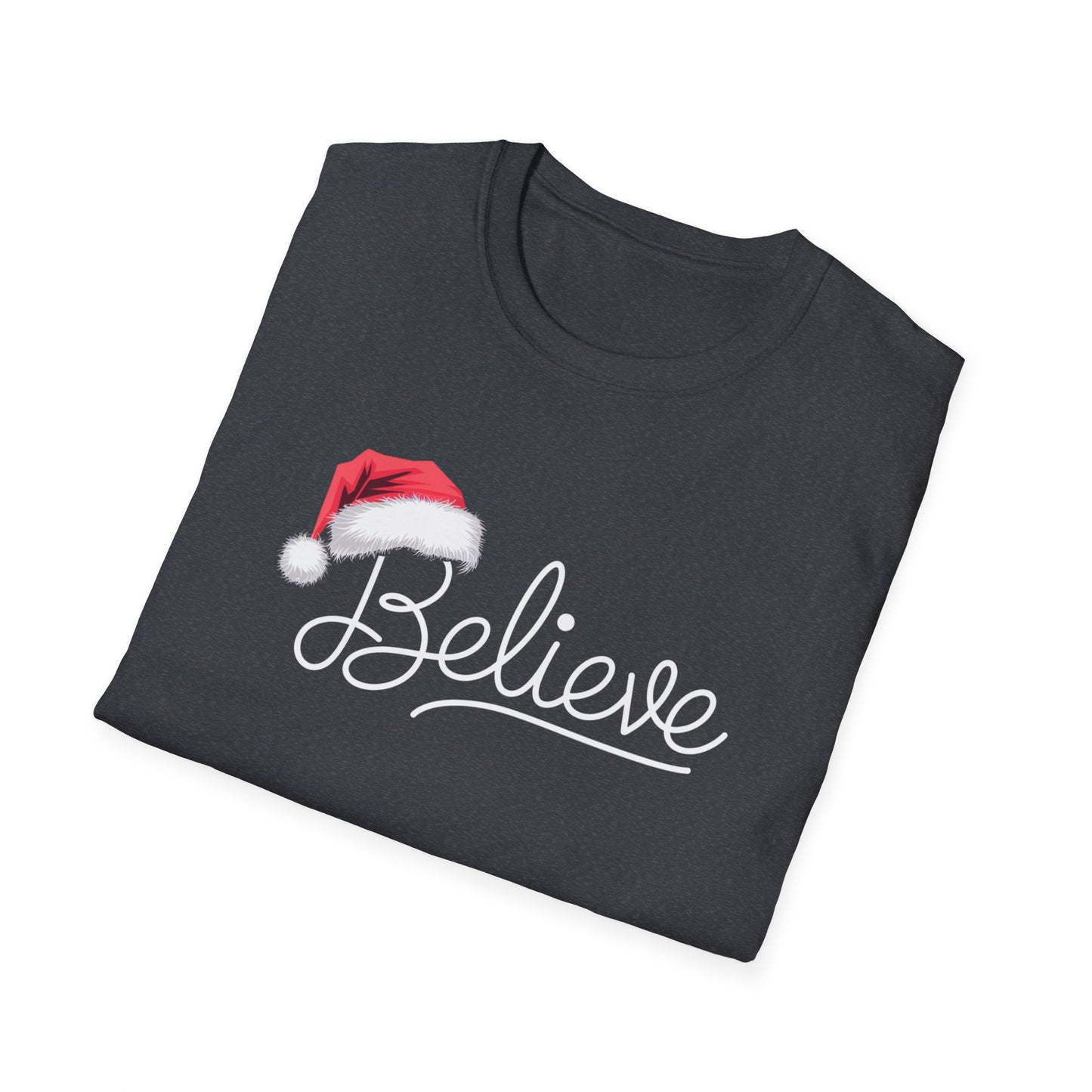 Believe Holiday T-Shirt, Unisex Christmas Tee, Santa Hat Apparel, Festive Graphic Tee, Gift for Him/Her, Holiday Celebrations