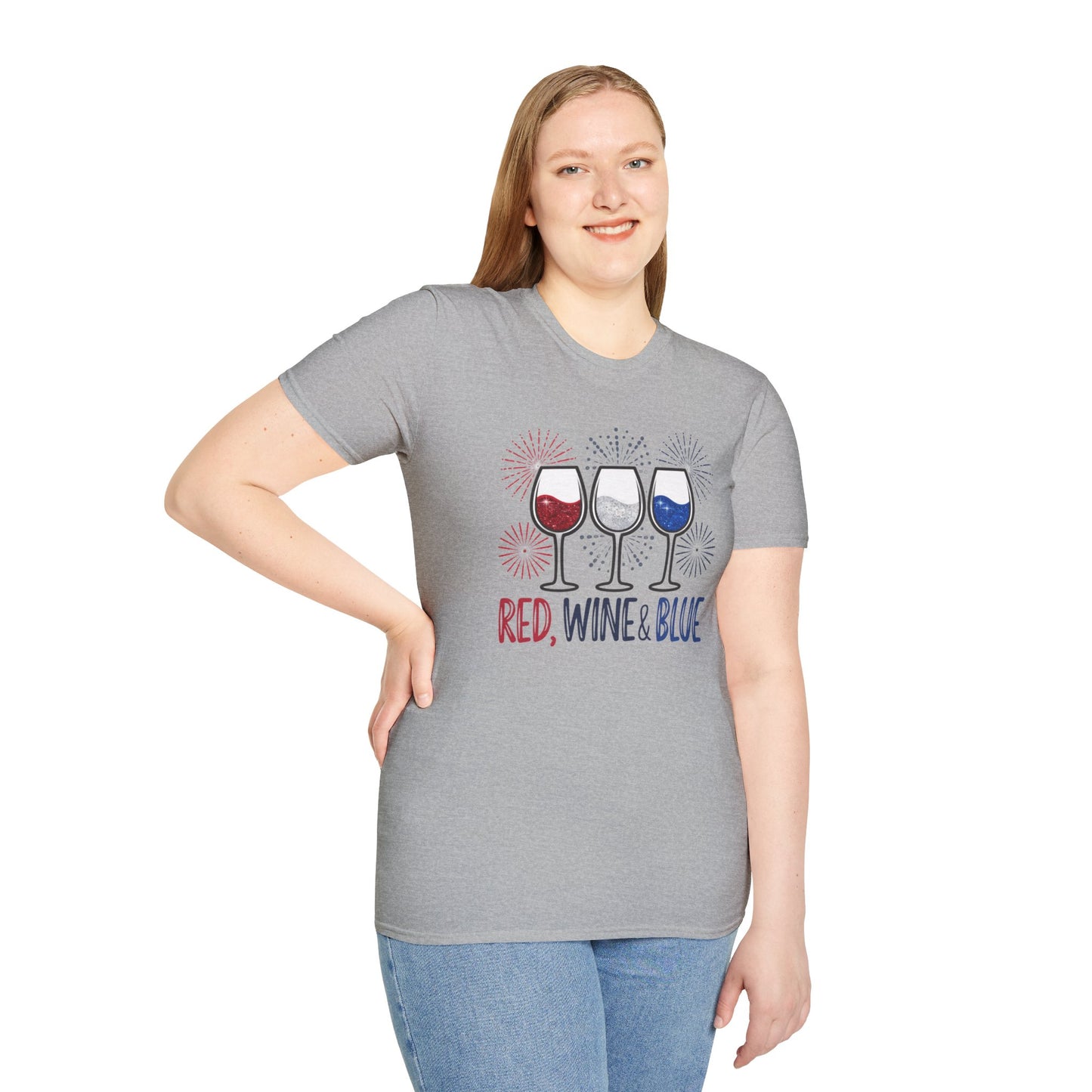 Red, Wine & Blue Unisex Softstyle T-Shirt, Summer BBQ, Fourth of July, Wine Lovers Gift, Patriotic Outfit, Casual Wear