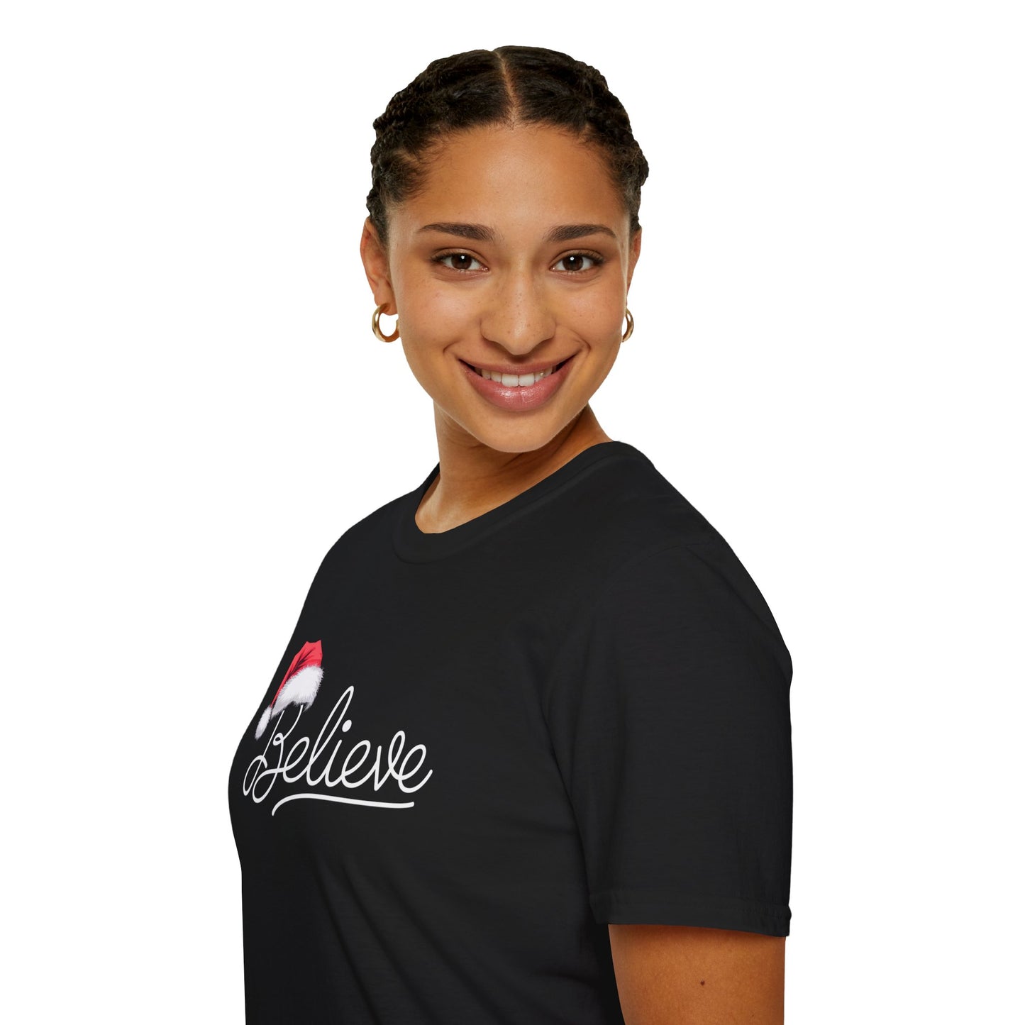 Believe Holiday T-Shirt, Unisex Christmas Tee, Santa Hat Apparel, Festive Graphic Tee, Gift for Him/Her, Holiday Celebrations