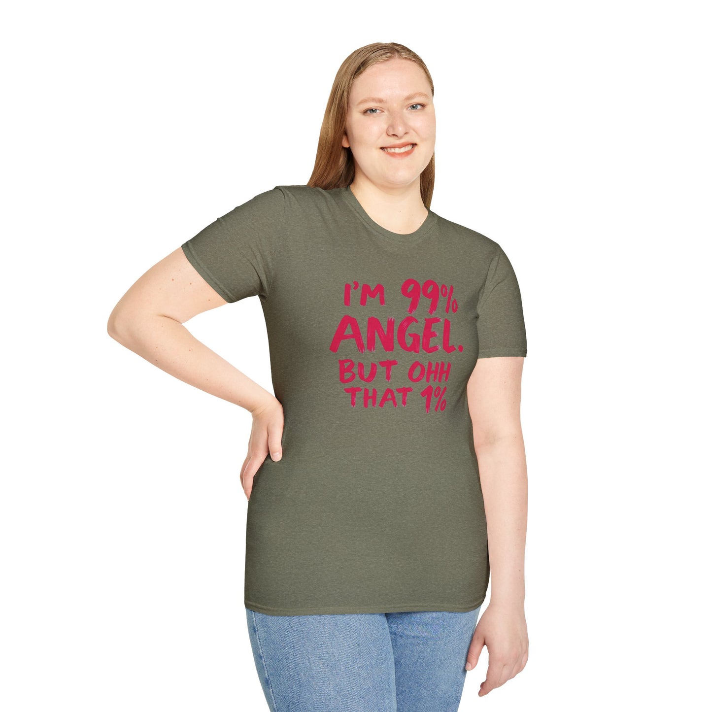Humorous Graphic Tee, I'm 99% Angel But Ohh That 1%, Funny Gift, Casual Wear, Unique Birthday Shirt, Unisex Softstyle T-Shirt