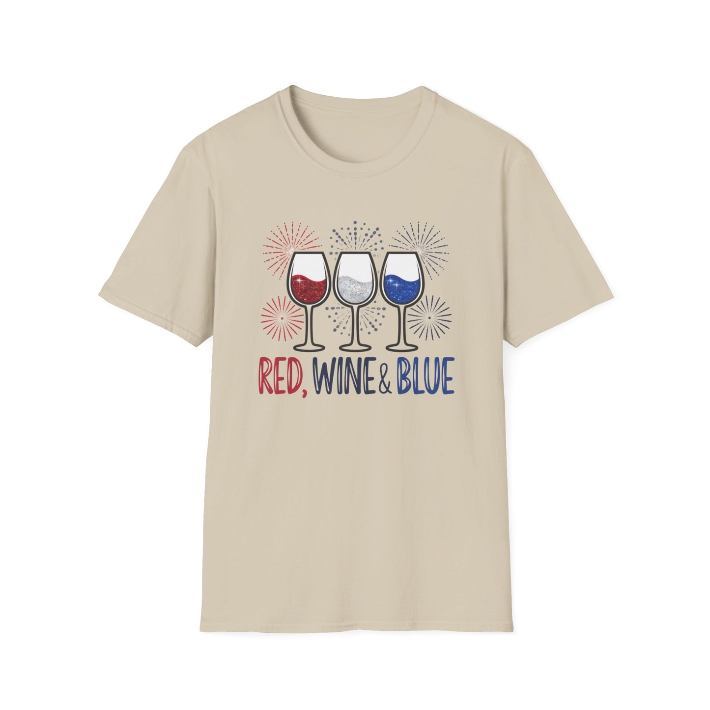 Red, Wine & Blue Unisex Softstyle T-Shirt, Summer BBQ, Fourth of July, Wine Lovers Gift, Patriotic Outfit, Casual Wear
