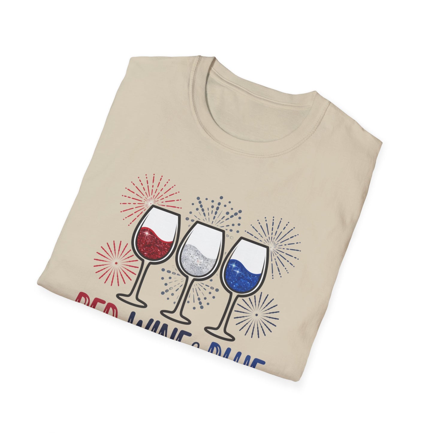 Red, Wine & Blue Unisex Softstyle T-Shirt, Summer BBQ, Fourth of July, Wine Lovers Gift, Patriotic Outfit, Casual Wear