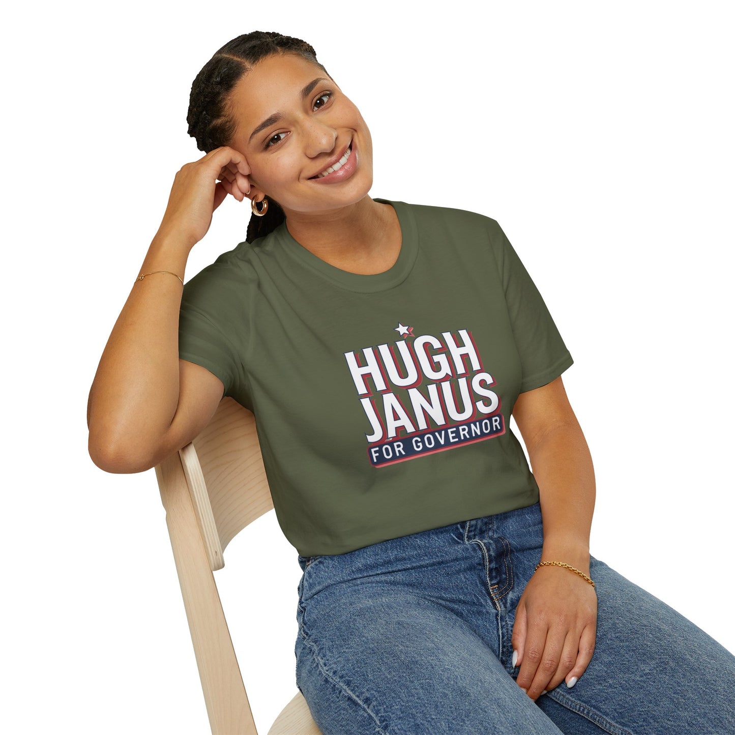 Funny Political T-Shirt - Hugh Janus for Governor, Unisex Softstyle Tee, Election Campaign Shirt, Gift for Voters, Political Humor Top