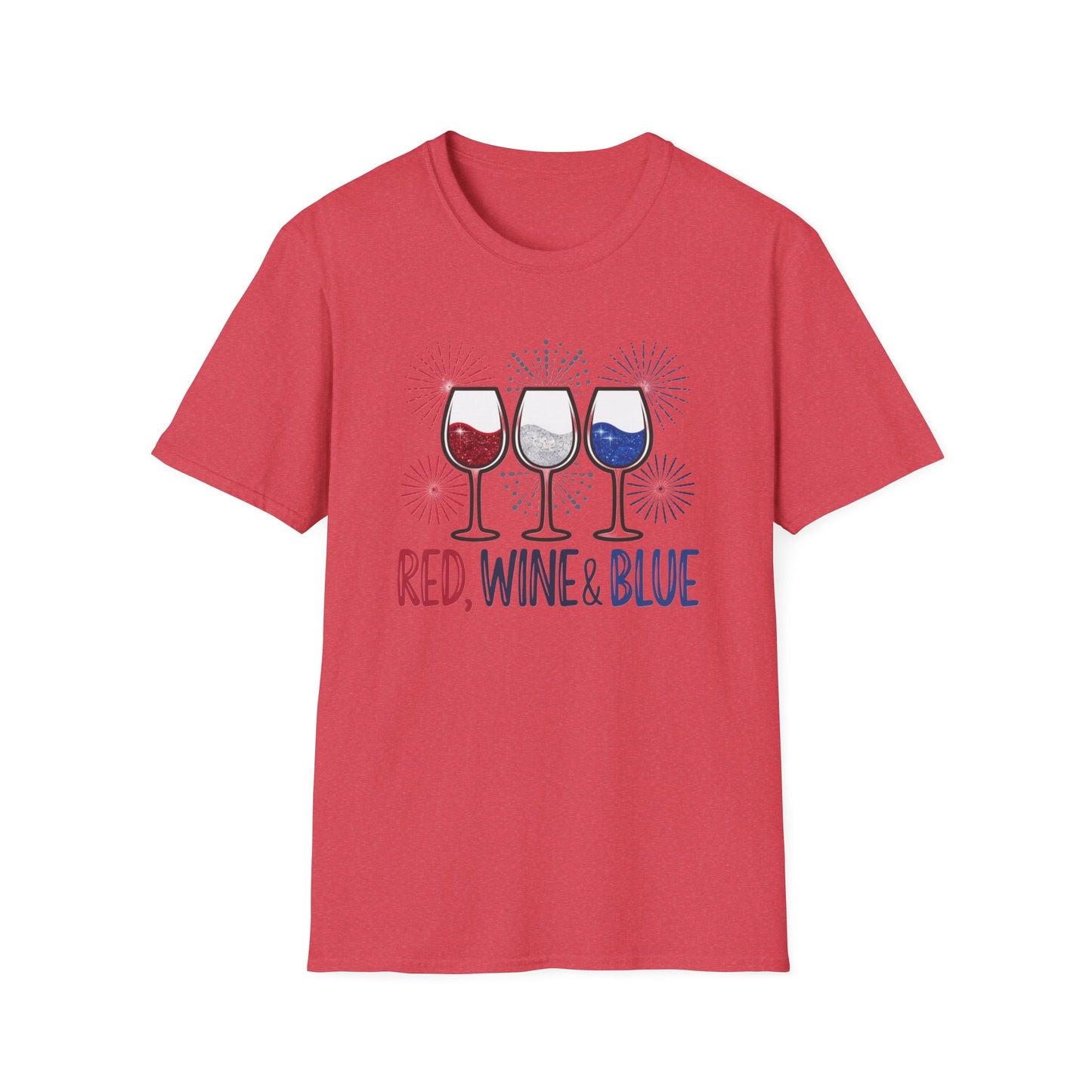 Red, Wine & Blue Unisex Softstyle T-Shirt, Summer BBQ, Fourth of July, Wine Lovers Gift, Patriotic Outfit, Casual Wear