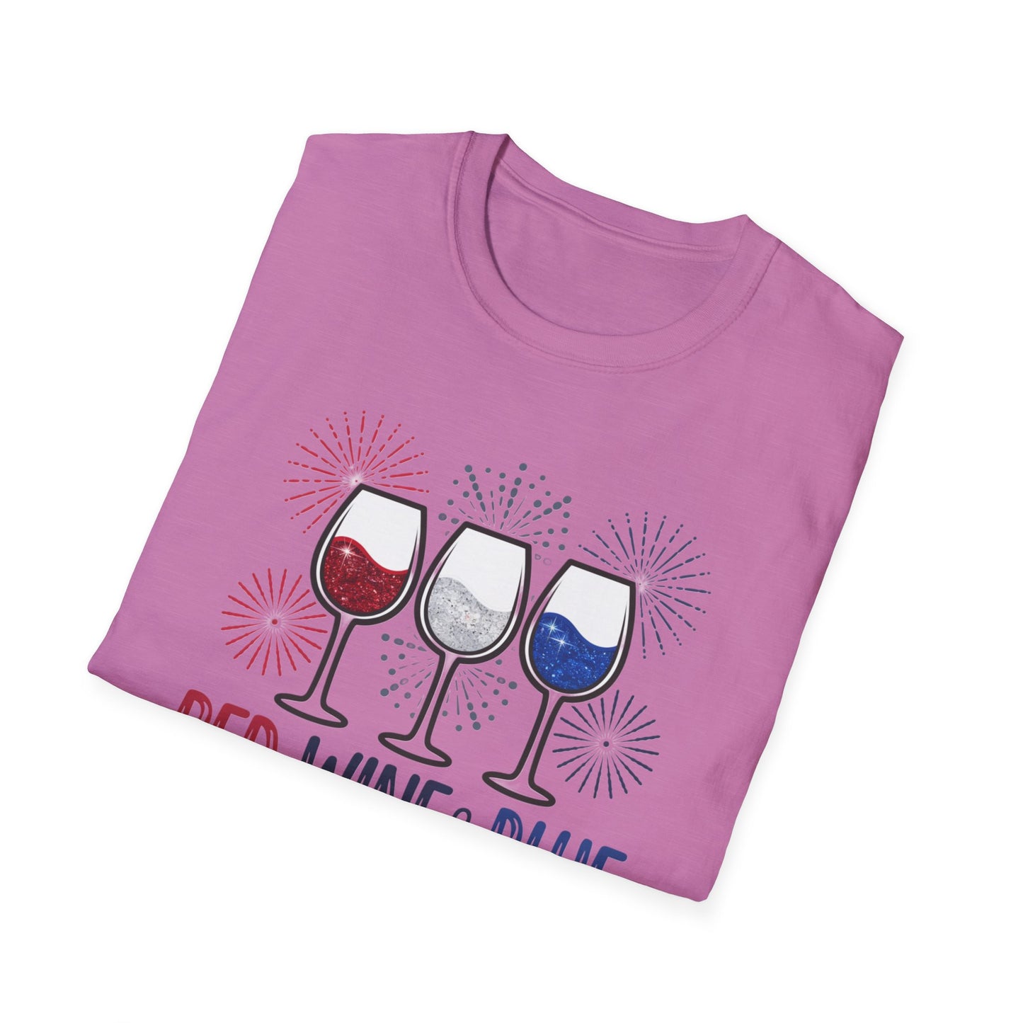 Red, Wine & Blue Unisex Softstyle T-Shirt, Summer BBQ, Fourth of July, Wine Lovers Gift, Patriotic Outfit, Casual Wear