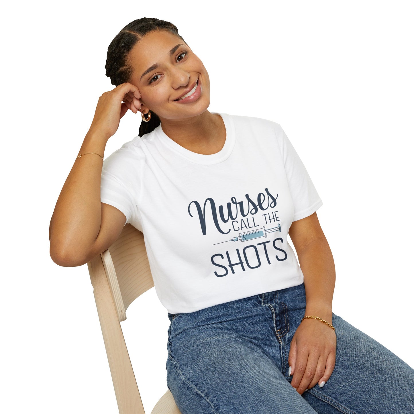 Fun Nurse T-Shirt - "Nurses Call the Shots" - Unisex Softstyle Tee for Healthcare Heroes