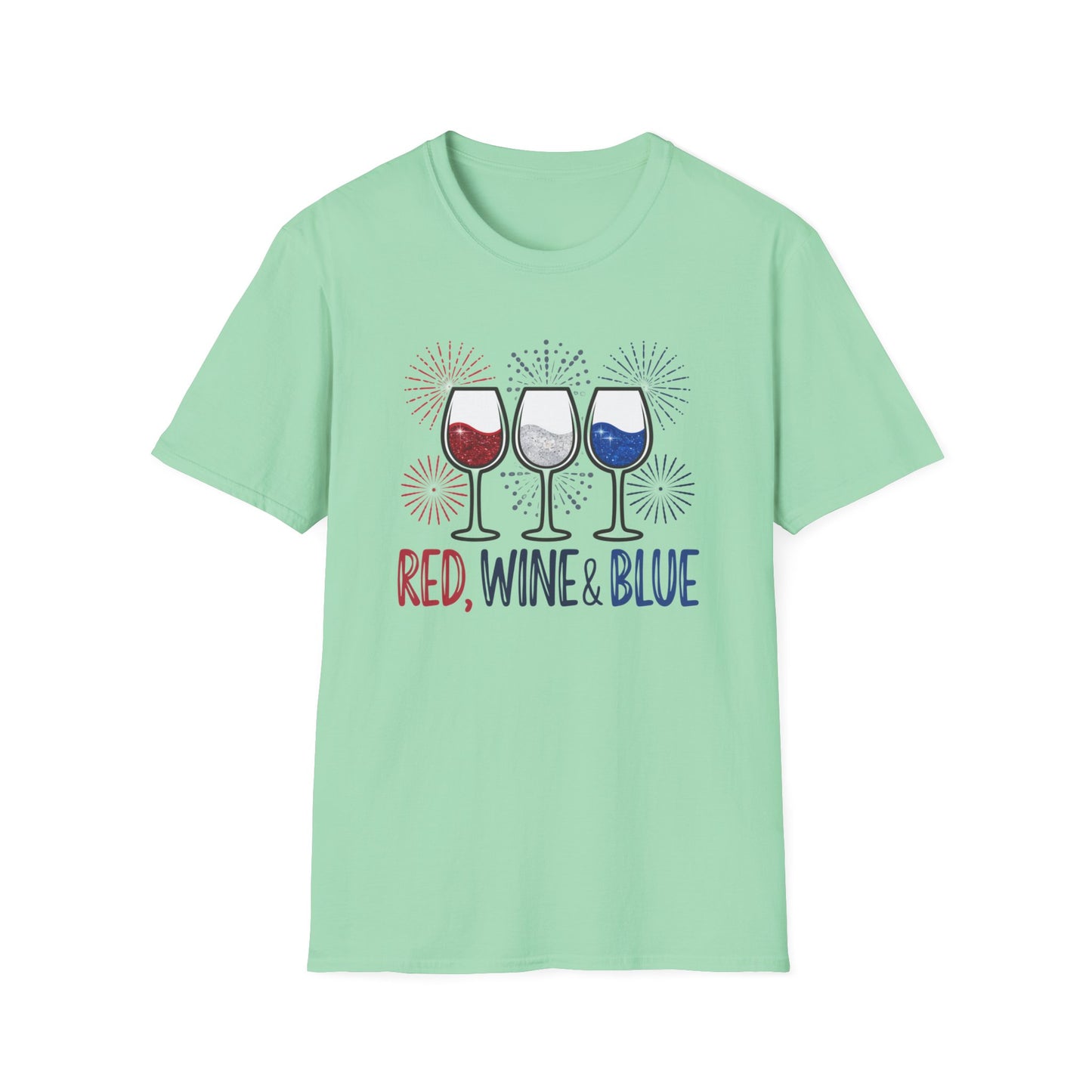 Red, Wine & Blue Unisex Softstyle T-Shirt, Summer BBQ, Fourth of July, Wine Lovers Gift, Patriotic Outfit, Casual Wear