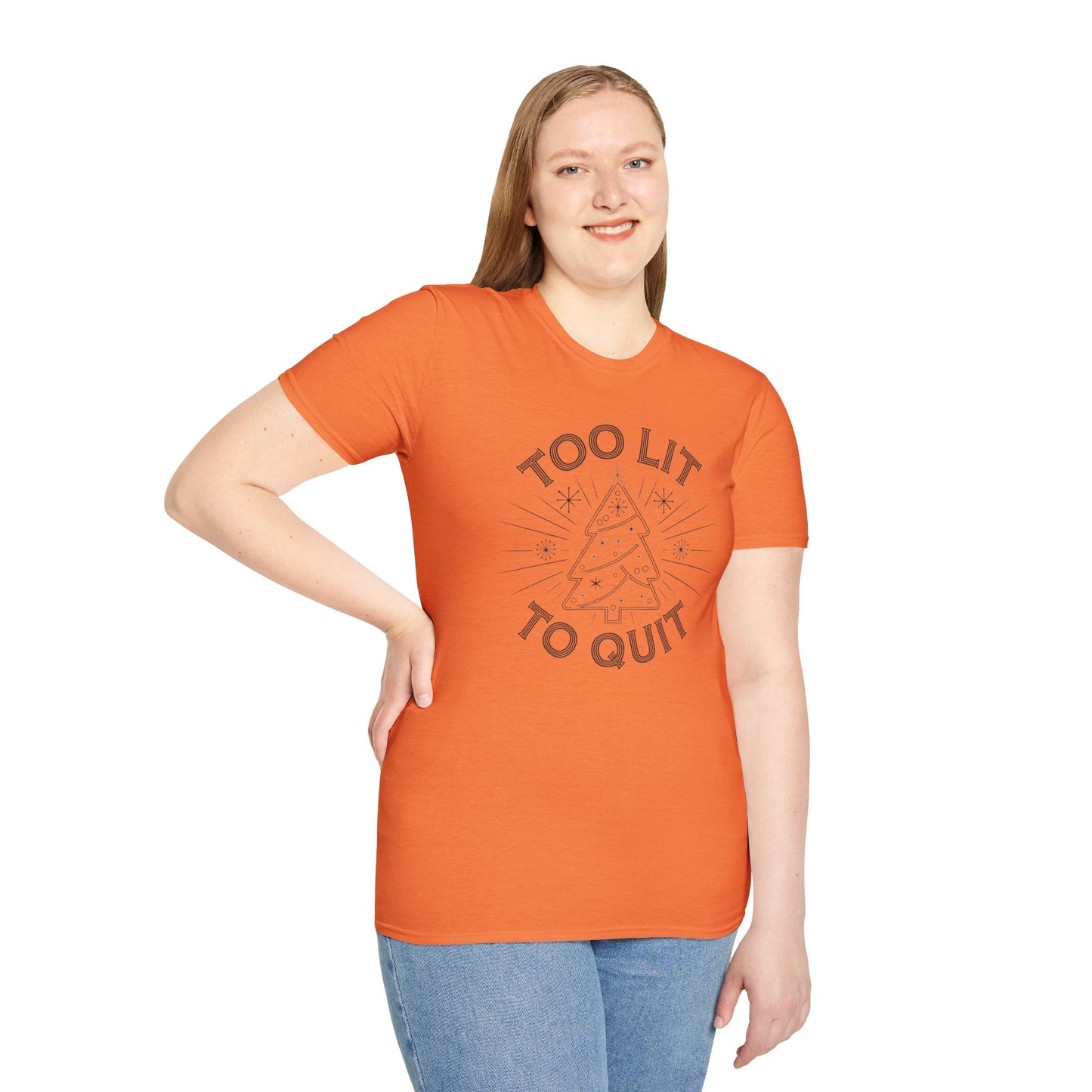 Too Lit to Quit Unisex Softstyle T-Shirt, Funny Holiday Tee, Christmas Apparel, Gift for Him/Her, Casual Wear, Festive Shirt