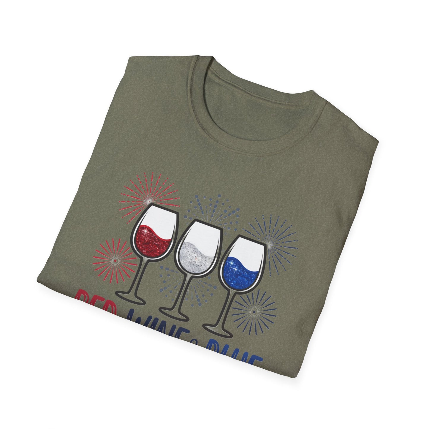Red, Wine & Blue Unisex Softstyle T-Shirt, Summer BBQ, Fourth of July, Wine Lovers Gift, Patriotic Outfit, Casual Wear