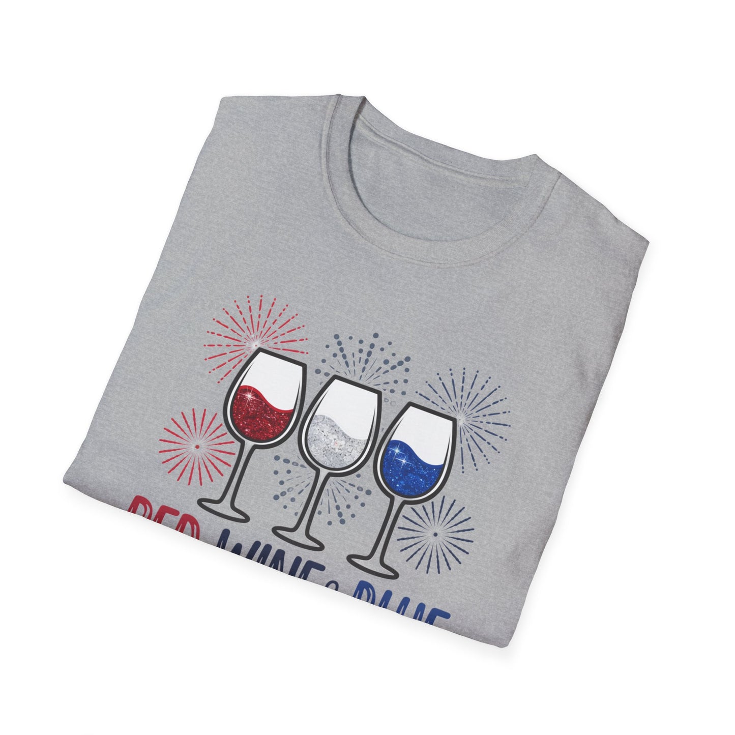 Red, Wine & Blue Unisex Softstyle T-Shirt, Summer BBQ, Fourth of July, Wine Lovers Gift, Patriotic Outfit, Casual Wear