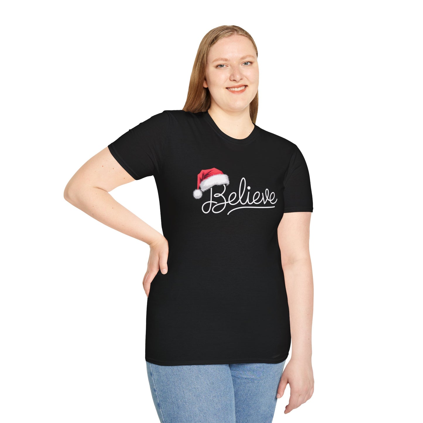 Believe Holiday T-Shirt, Unisex Christmas Tee, Santa Hat Apparel, Festive Graphic Tee, Gift for Him/Her, Holiday Celebrations
