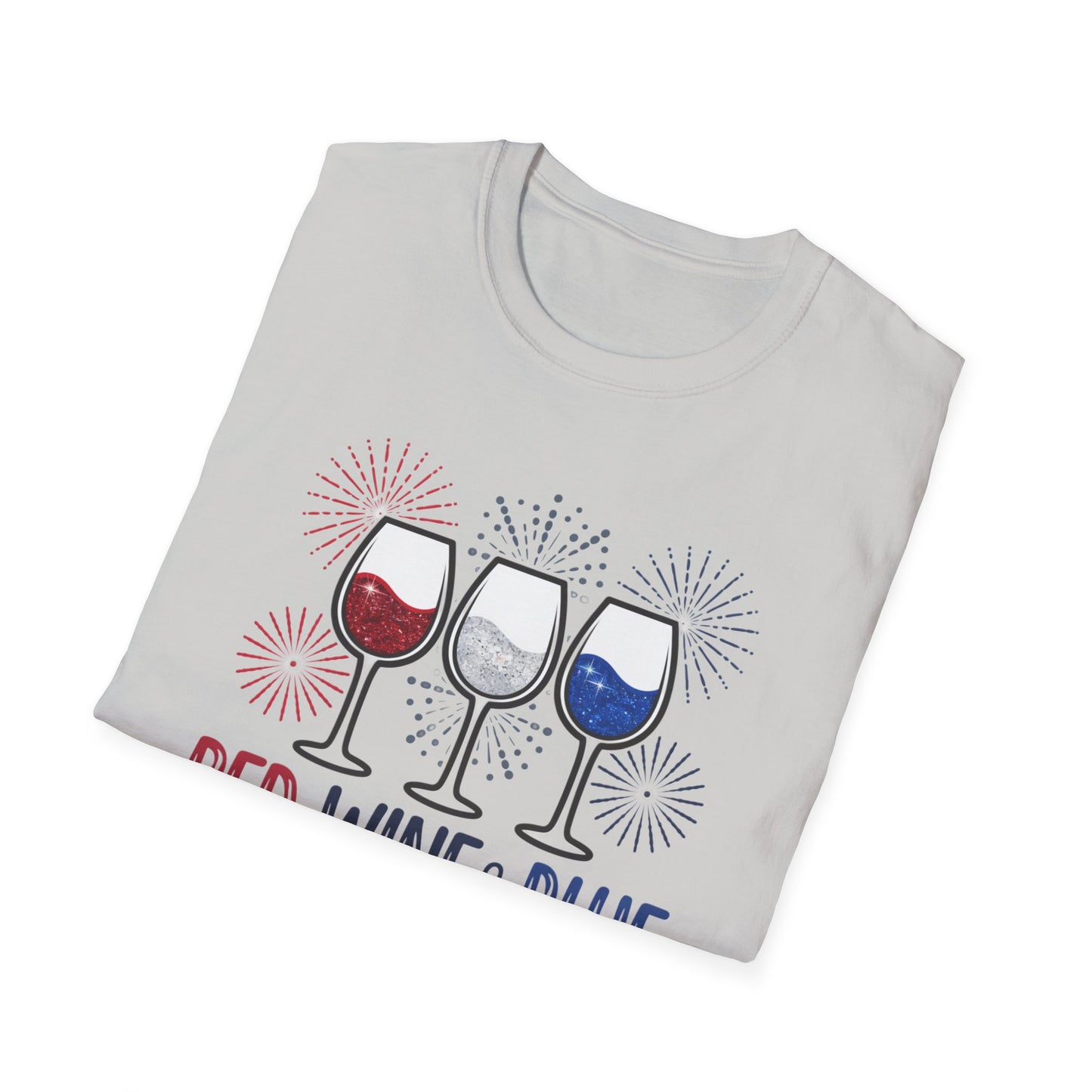 Red, Wine & Blue Unisex Softstyle T-Shirt, Summer BBQ, Fourth of July, Wine Lovers Gift, Patriotic Outfit, Casual Wear
