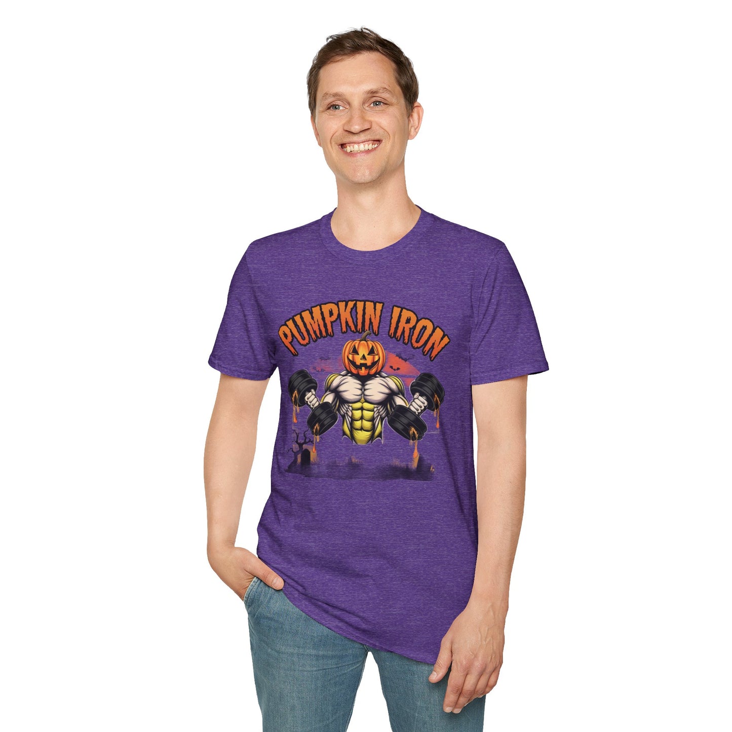 Halloween Pumpkin Iron Gym T-Shirt, Funny Fall Workout Top, Unisex Fitness Apparel, Spooky Season Gift, October Gym Shirt