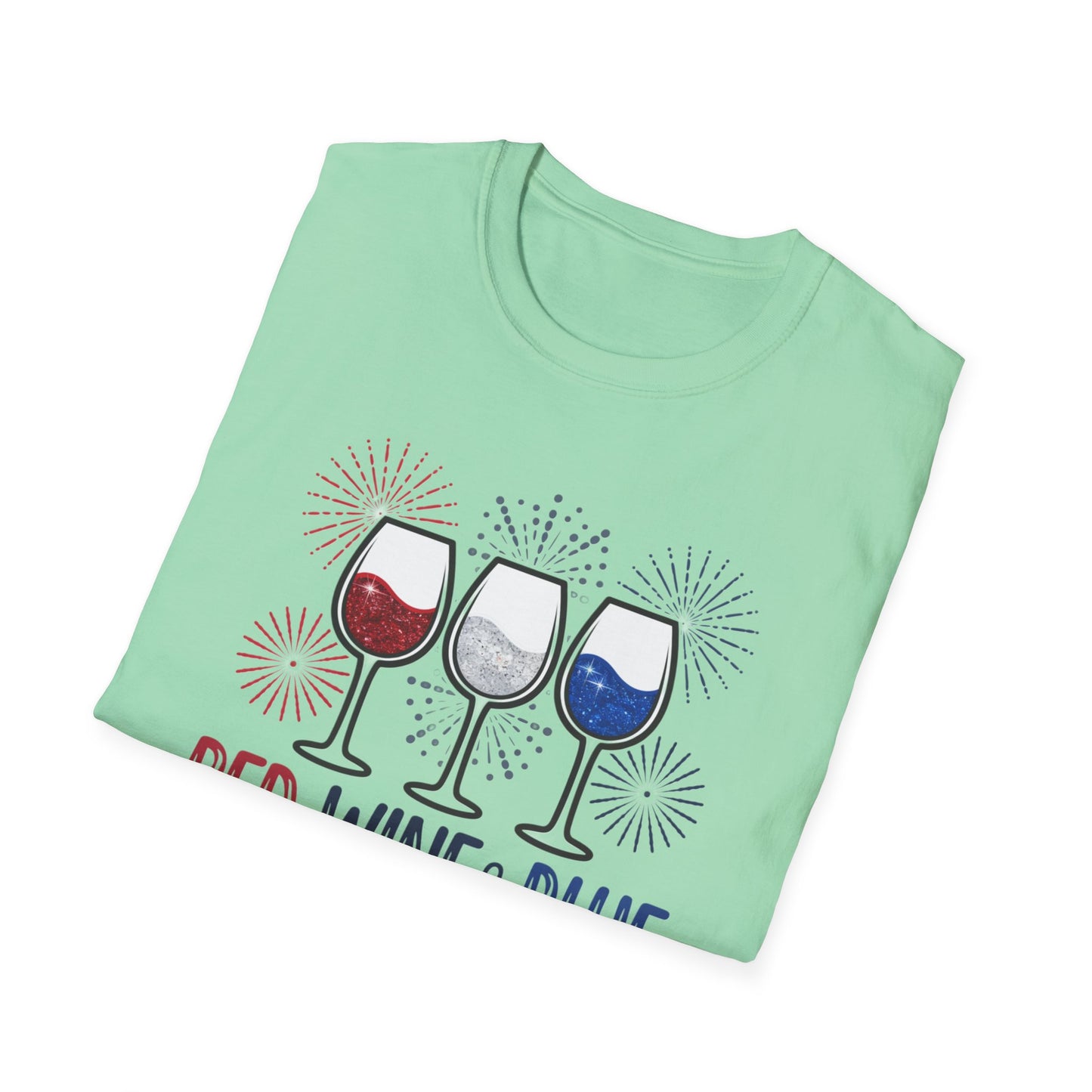 Red, Wine & Blue Unisex Softstyle T-Shirt, Summer BBQ, Fourth of July, Wine Lovers Gift, Patriotic Outfit, Casual Wear