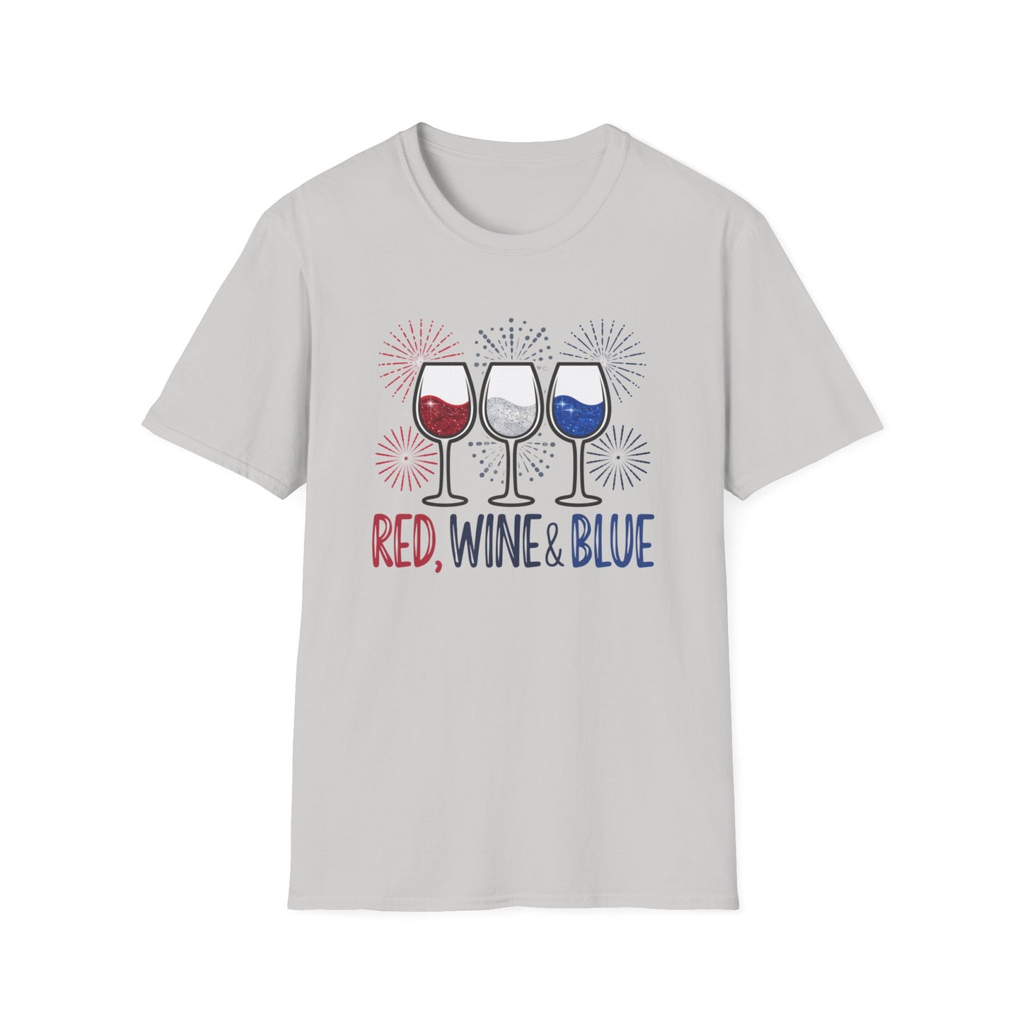 Red, Wine & Blue Unisex Softstyle T-Shirt, Summer BBQ, Fourth of July, Wine Lovers Gift, Patriotic Outfit, Casual Wear