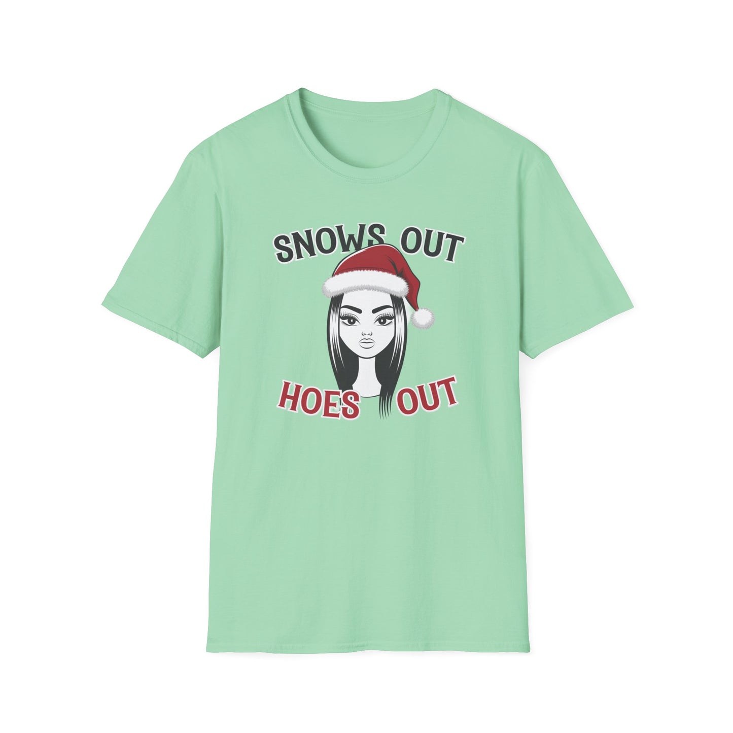 Unisex Holiday T-Shirt - "Snows Out, Hoes Out" - Funny Christmas Top, Winter Party Apparel, Gift for Friends, Casual Wear