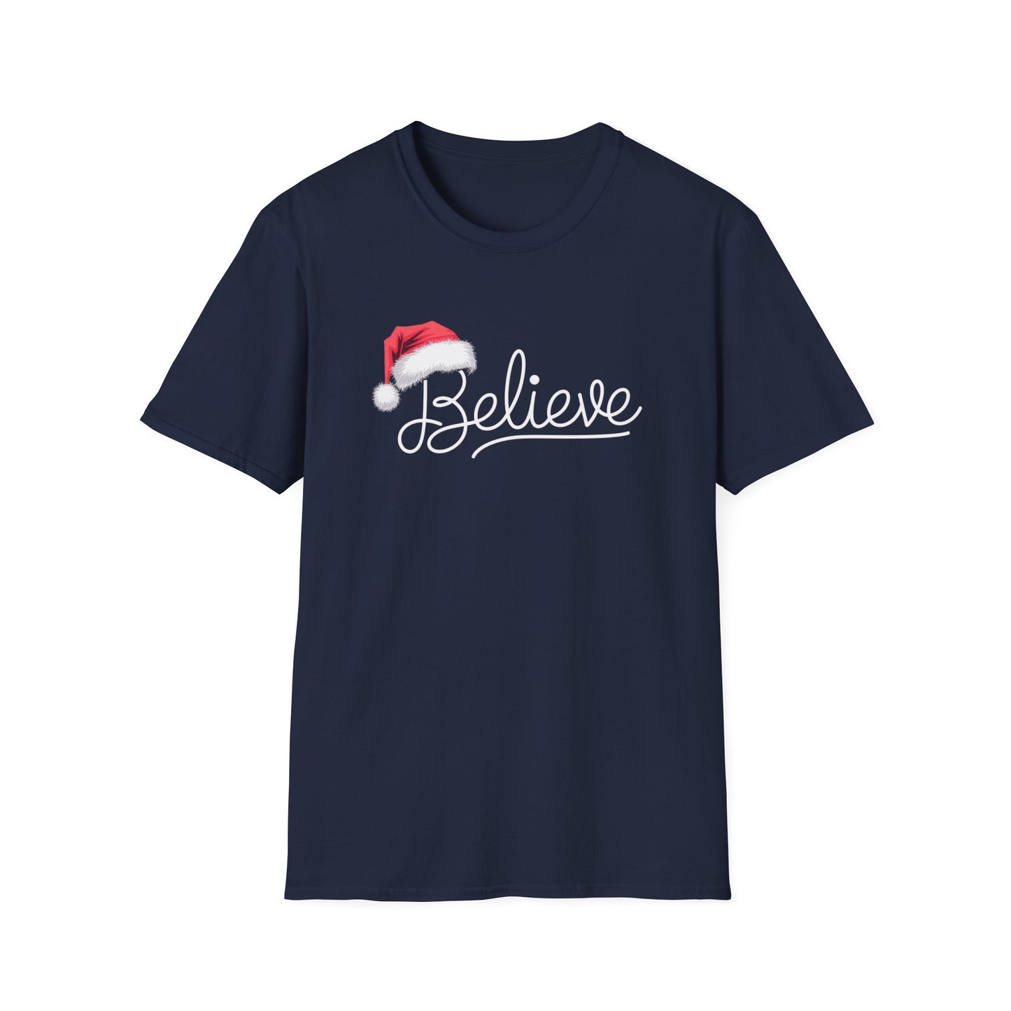 Believe Holiday T-Shirt, Unisex Christmas Tee, Santa Hat Apparel, Festive Graphic Tee, Gift for Him/Her, Holiday Celebrations